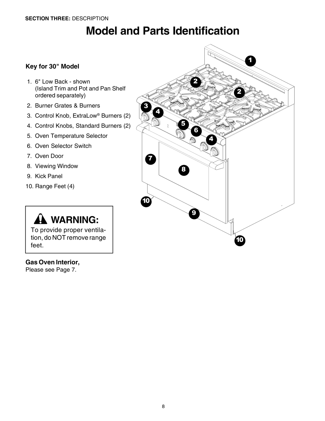 Thermador P30 P36 manuel dutilisation Key for 30 Model, Please see 