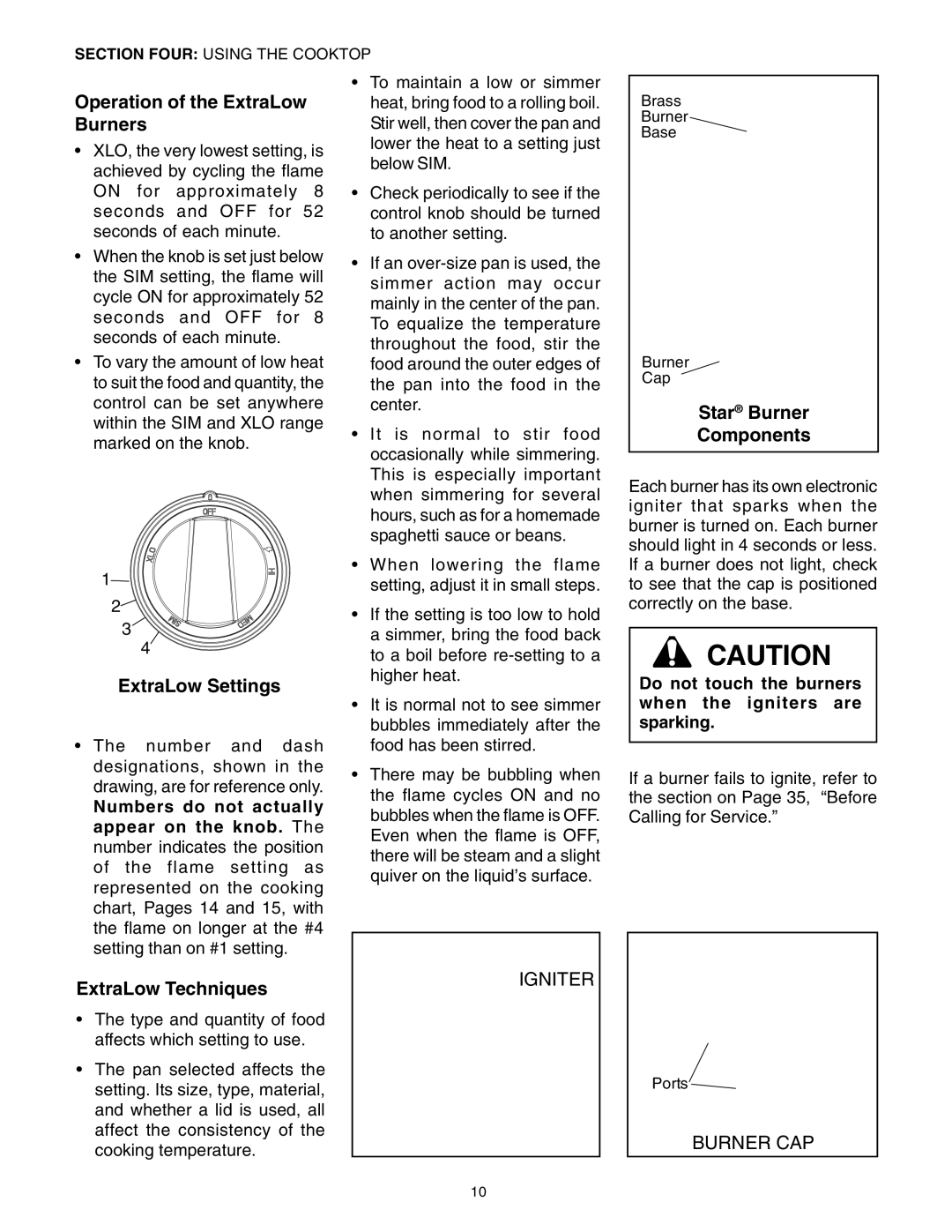 Thermador P30 P36 Operation of the ExtraLow Burners, ExtraLow Settings, ExtraLow Techniques, Star Burner Components 