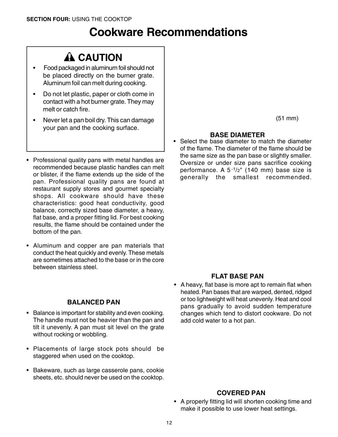 Thermador P30 P36 manuel dutilisation Cookware Recommendations, Balanced PAN, Base Diameter, Flat Base PAN, Covered PAN 