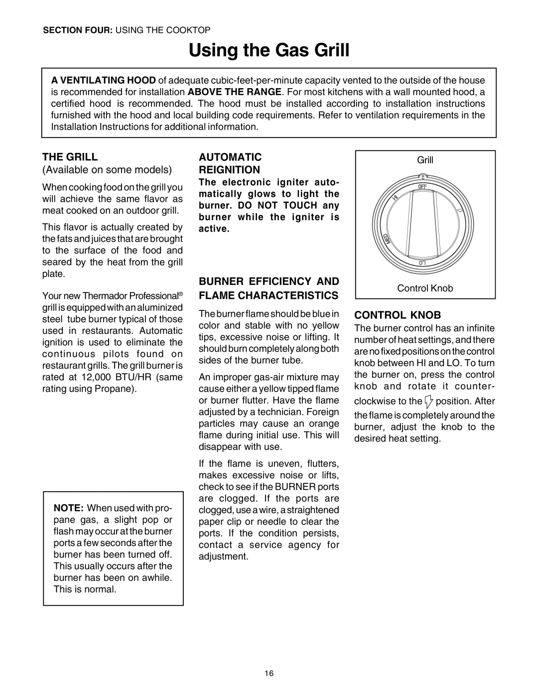 Thermador P30 P36 Using the Gas Grill, Automatic Reignition, Burner Efficiency and Flame Characteristics, Control Knob 
