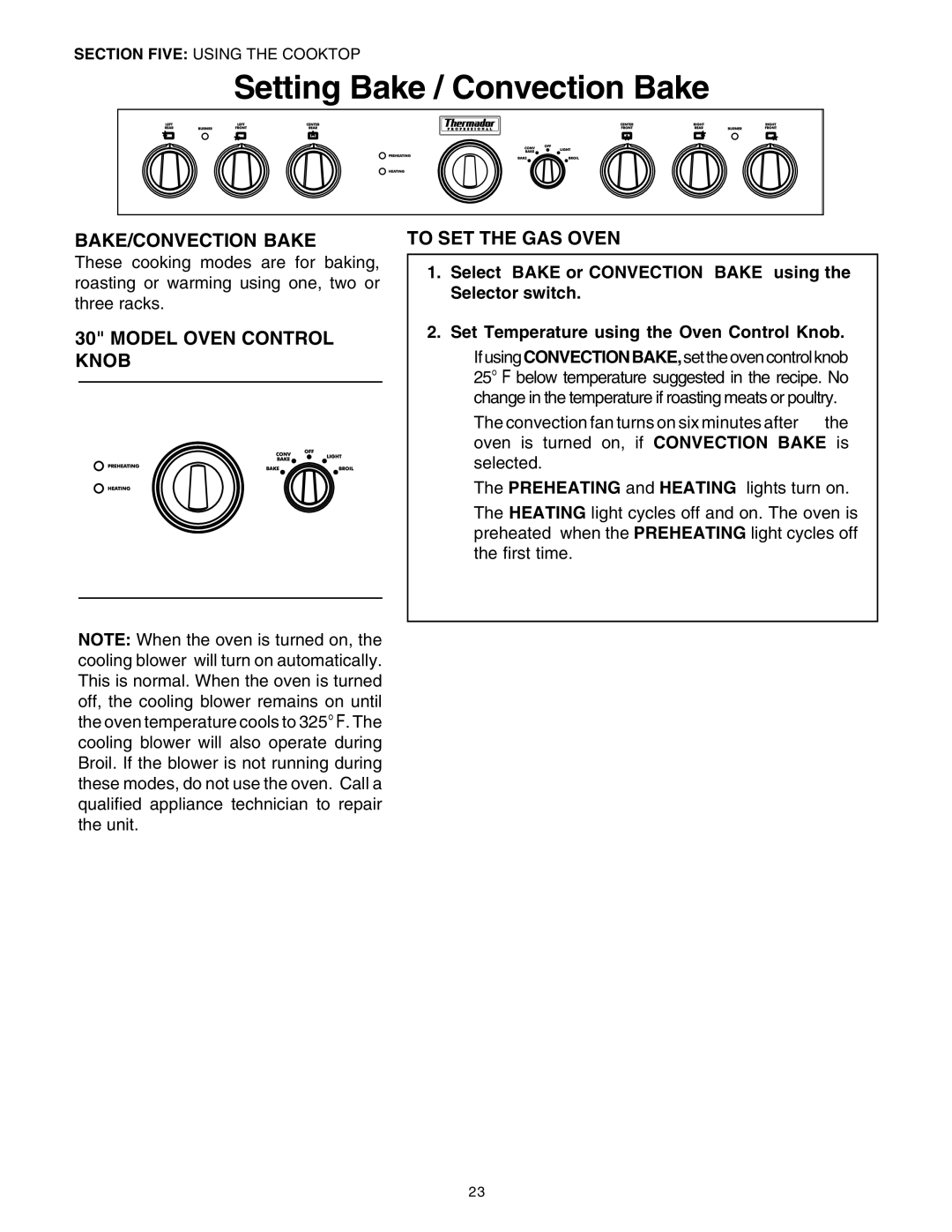 Thermador P30 P36 Setting Bake / Convection Bake, BAKE/CONVECTION Bake, Model Oven Control Knob To SET the GAS Oven 