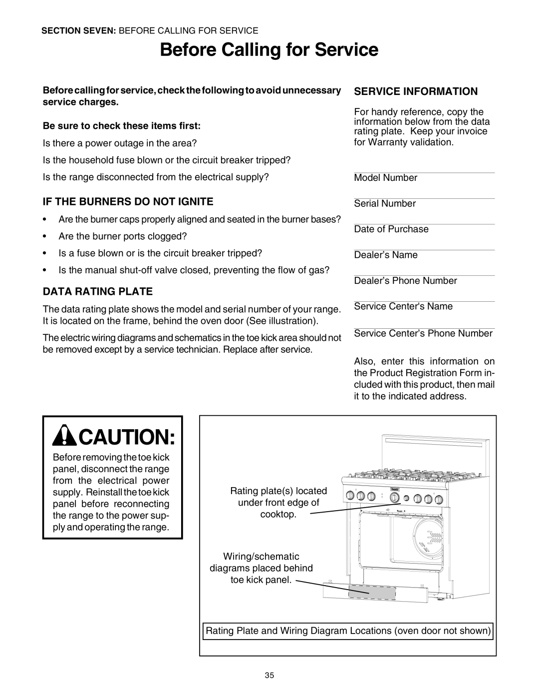 Thermador P30 P36 Before Calling for Service, If the Burners do not Ignite, Service Information, Data Rating Plate 