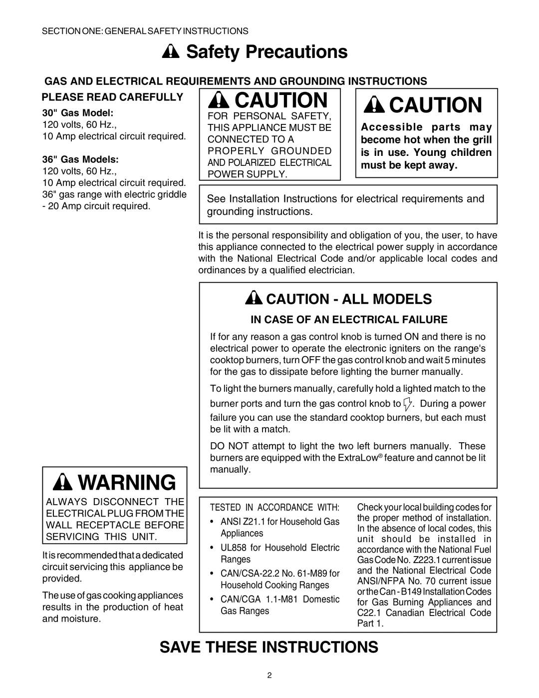 Thermador P30 P36 manuel dutilisation Safety Precautions, Case of AN Electrical Failure, Gas Models 