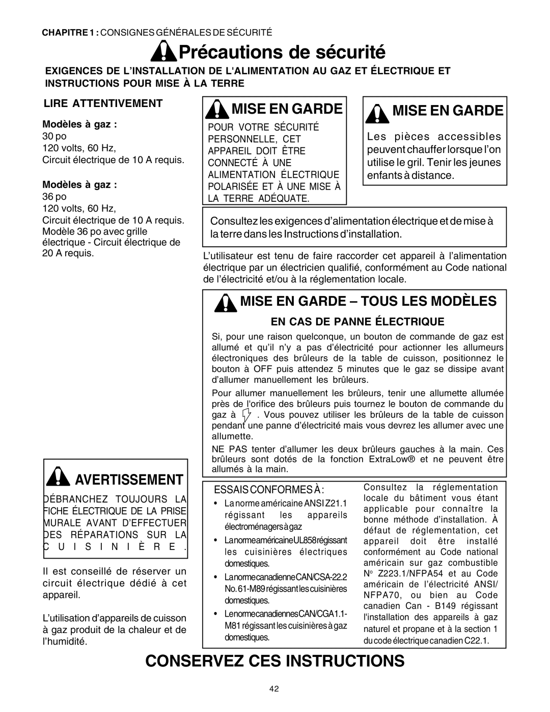 Thermador P30 P36 Précautions de sécurité, Lire Attentivement, EN CAS DE Panne Électrique, Modèles à gaz 