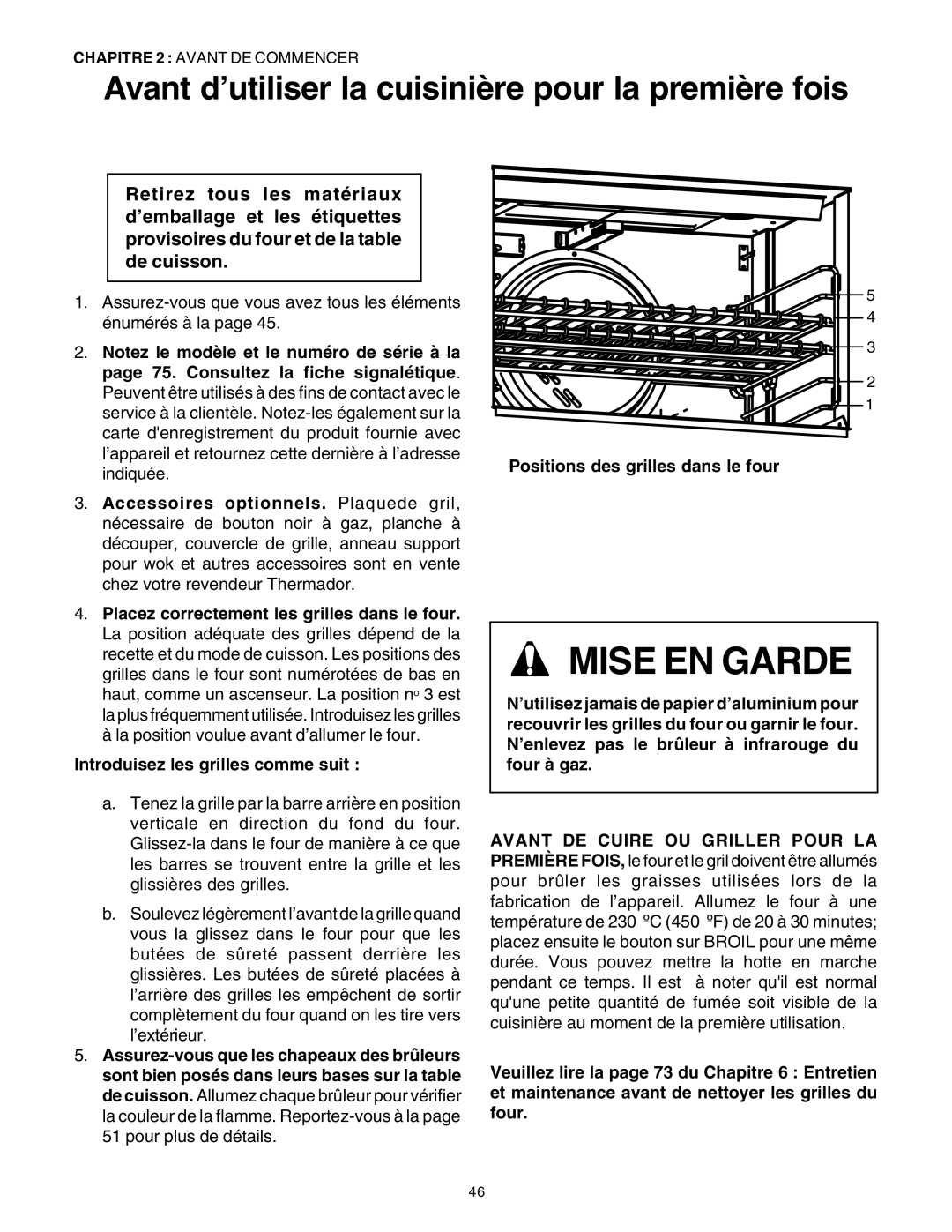 Thermador P30 P36 Avant d’utiliser la cuisinière pour la première fois, Introduisez les grilles comme suit 