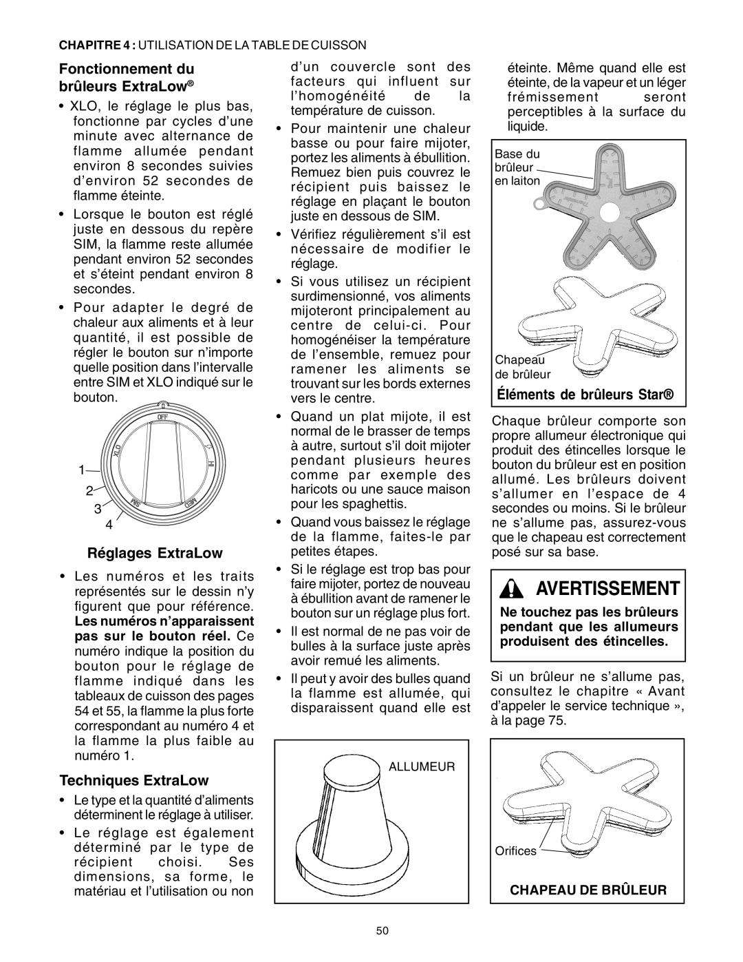 Thermador P30 P36 Fonctionnement du brûleurs ExtraLow, Réglages ExtraLow, Techniques ExtraLow, Éléments de brûleurs Star 