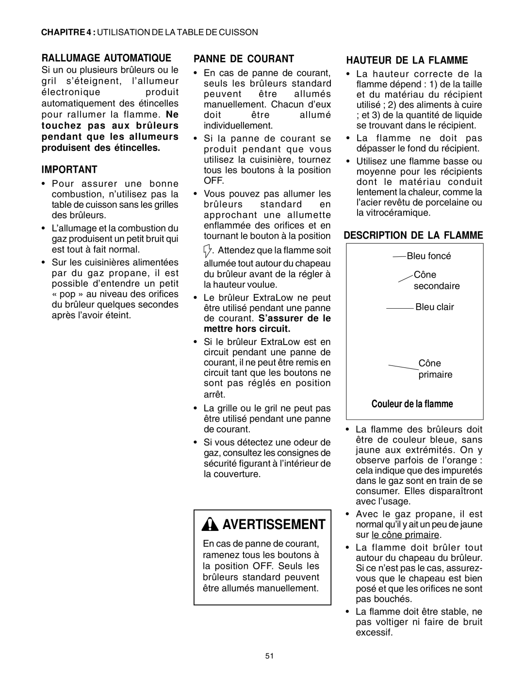 Thermador P30 P36 Rallumage Automatique, Panne DE Courant, Hauteur DE LA Flamme, Description DE LA Flamme 