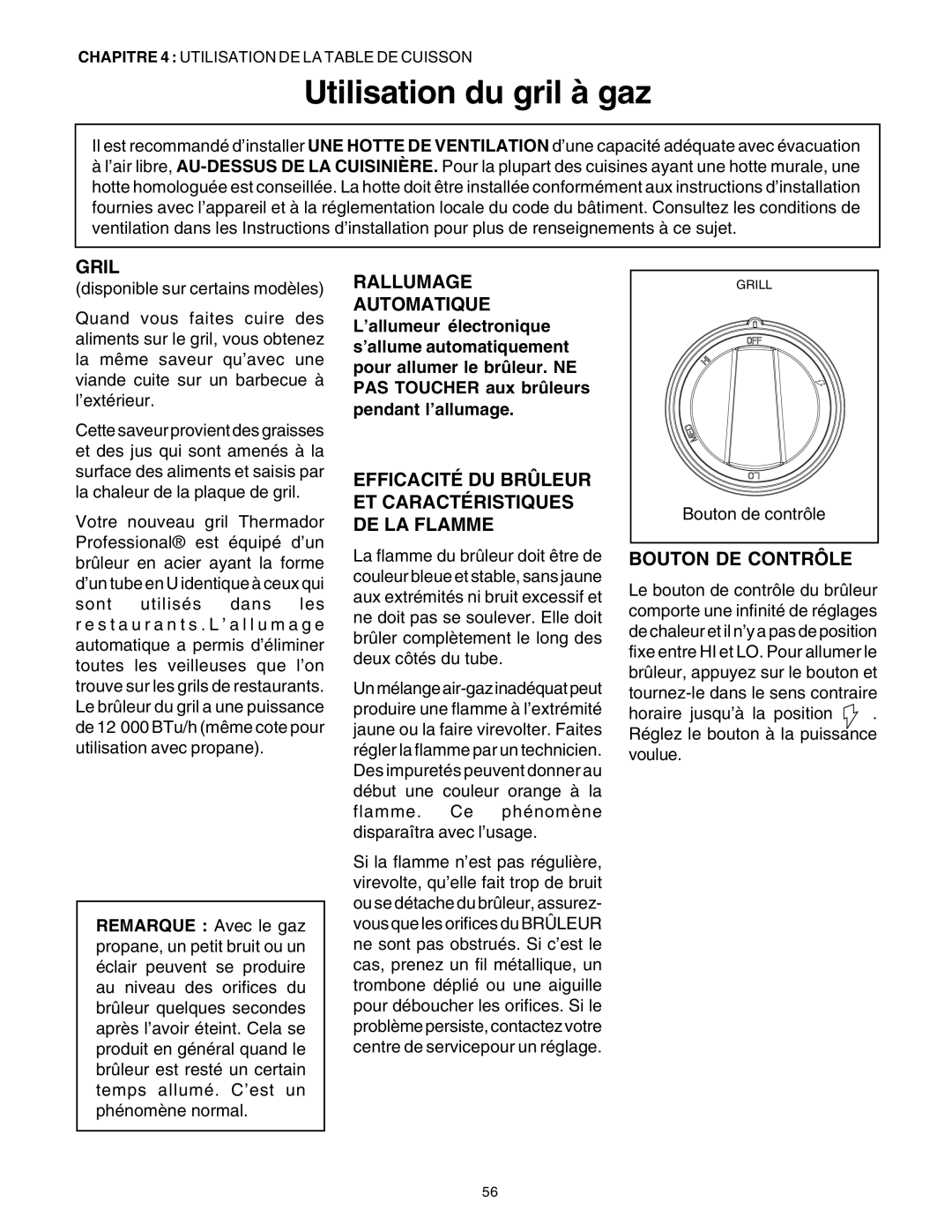 Thermador P30 P36 manuel dutilisation Utilisation du gril à gaz, Gril, Bouton DE Contrôle, Bouton de contrôle 