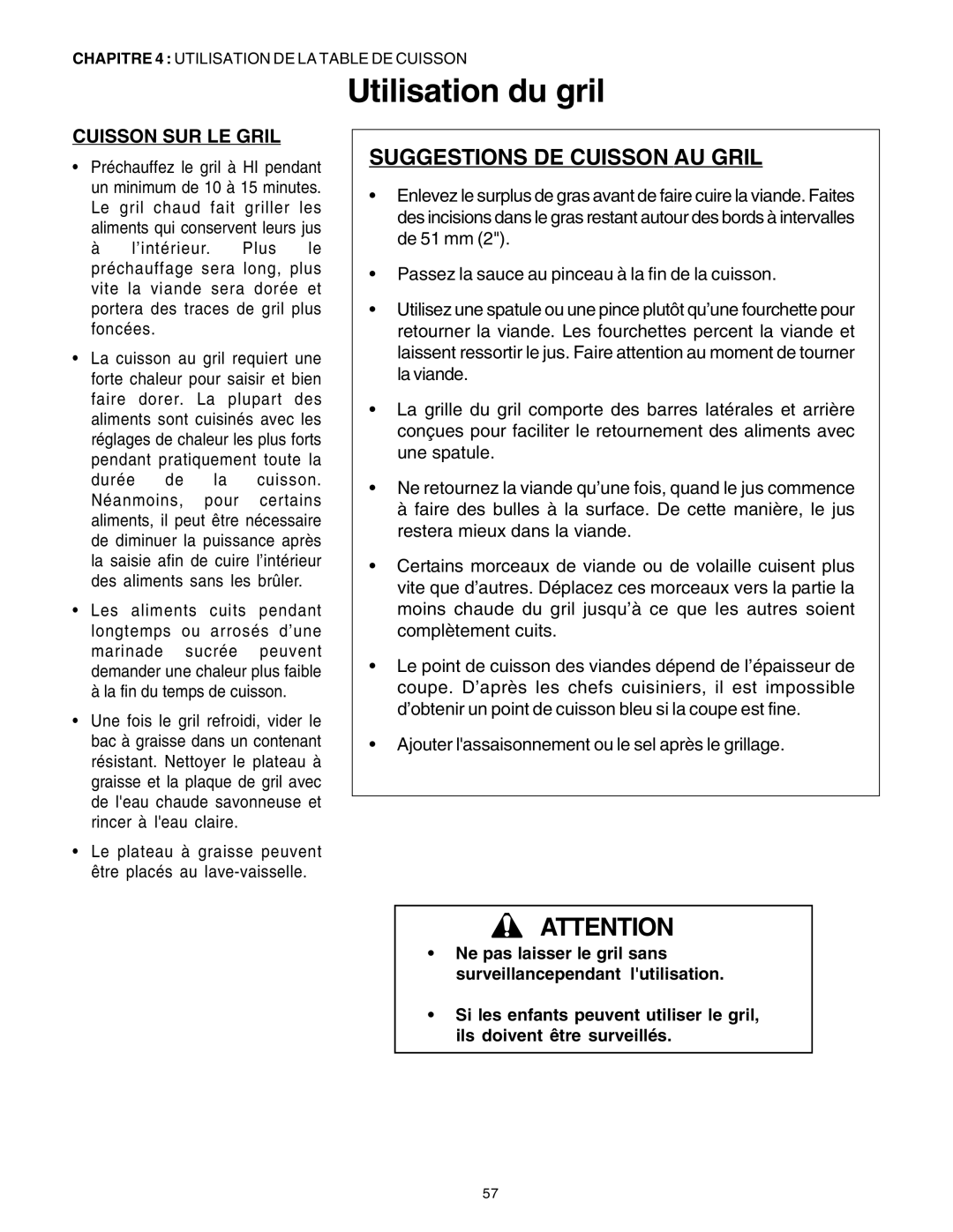 Thermador P30 P36 Utilisation du gril, Suggestions DE Cuisson AU Gril, Cuisson SUR LE Gril, La fin du temps de cuisson 