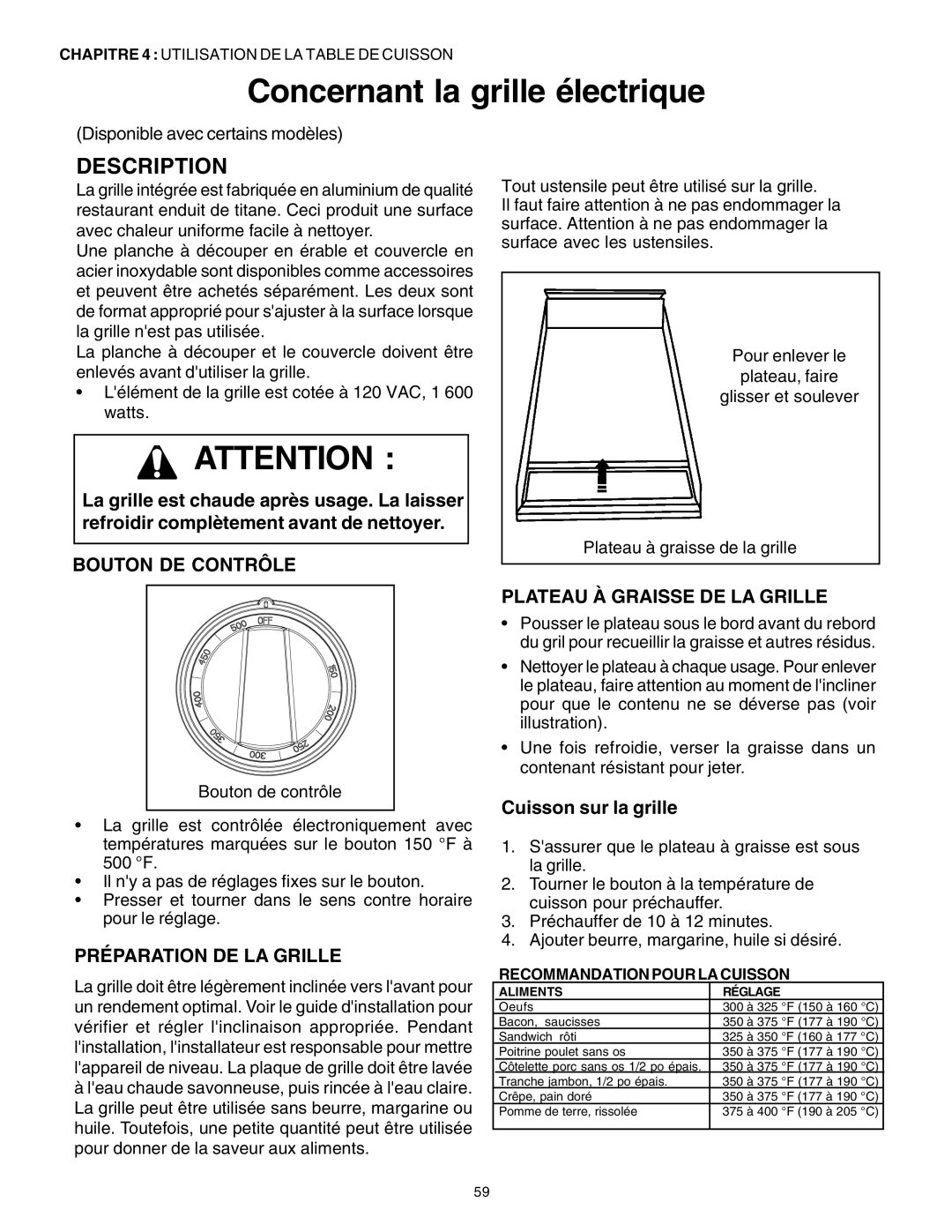 Thermador P30 P36 Concernant la grille électrique, Préparation DE LA Grille, Plateau À Graisse DE LA Grille 