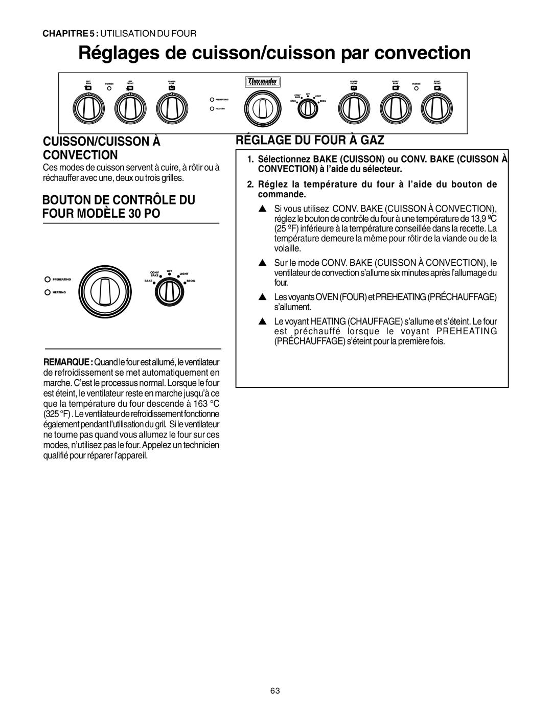 Thermador P30 P36 Réglages de cuisson/cuisson par convection, CUISSON/CUISSON À Convection, Réglage DU Four À GAZ 