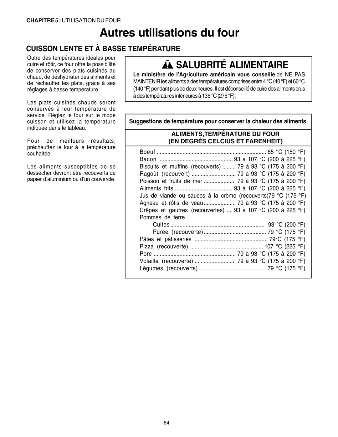 Thermador P30 P36 manuel dutilisation Autres utilisations du four, Cuisson Lente ET À Basse Température 