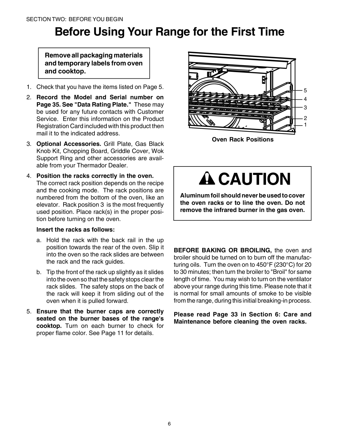 Thermador P30 P36 Before Using Your Range for the First Time, Insert the racks as follows, Oven Rack Positions 