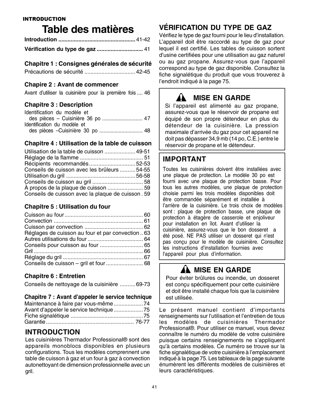 Thermador P30 P36 Table des matières, Vérification Du Type De Gaz, Mise En Garde, Chapire 2 Avant de commencer 
