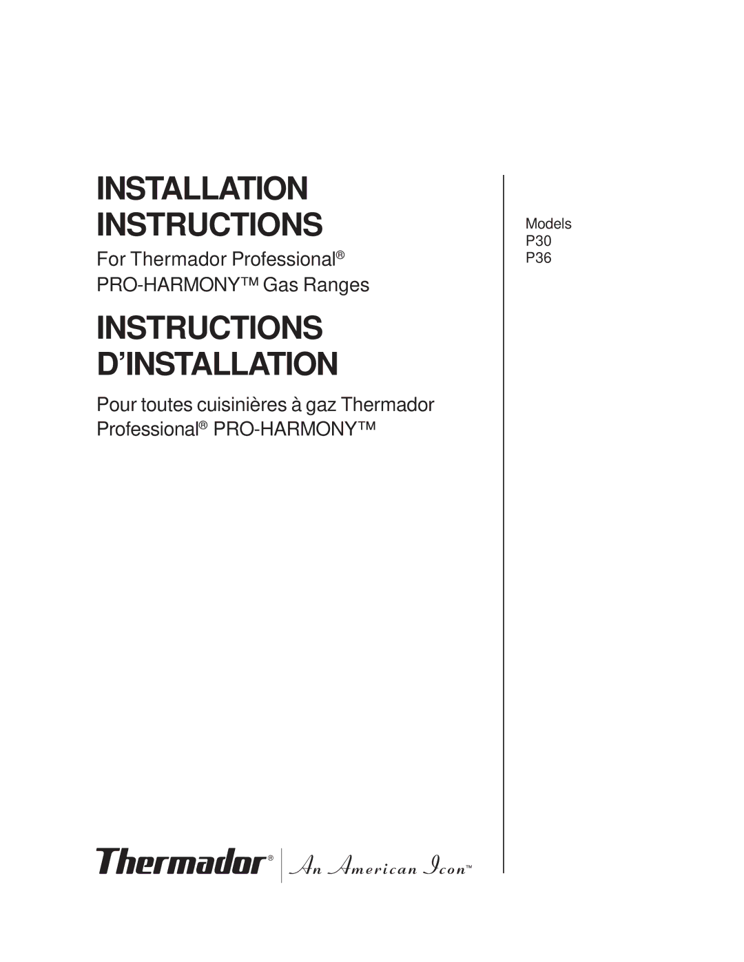 Thermador P30 installation instructions Installation Instructions 