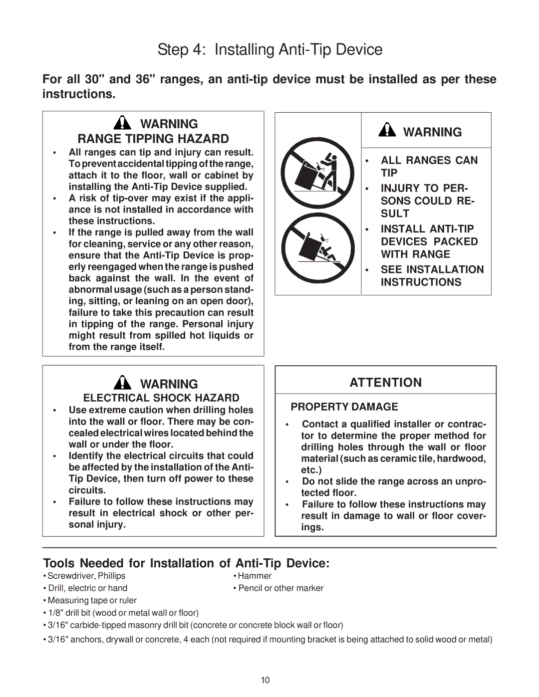 Thermador P30 Installing Anti-Tip Device, Range Tipping Hazard, Tools Needed for Installation of Anti-Tip Device 