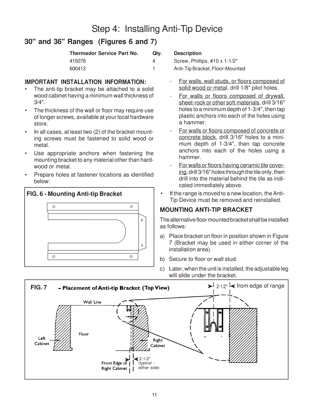 Thermador P30 installation instructions Ranges Figures 6, Important Installation Information, Mounting ANTI-TIP Bracket 