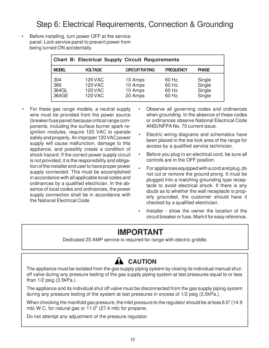 Thermador P30 Electrical Requirements, Connection & Grounding, Chart B Electrical Supply Circuit Requirements 