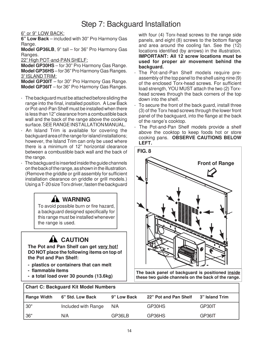 Thermador P30 installation instructions Backguard Installation, Front of Range, Chart C Backguard Kit Model Numbers 