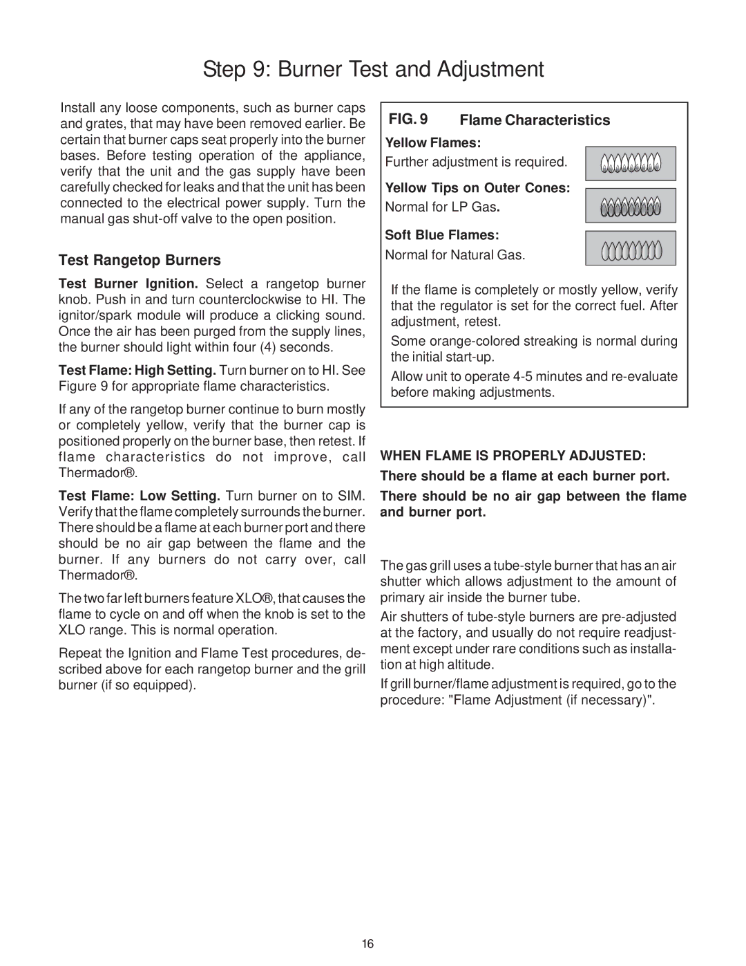 Thermador P30 installation instructions Burner Test and Adjustment, Test Rangetop Burners, Flame Characteristics 