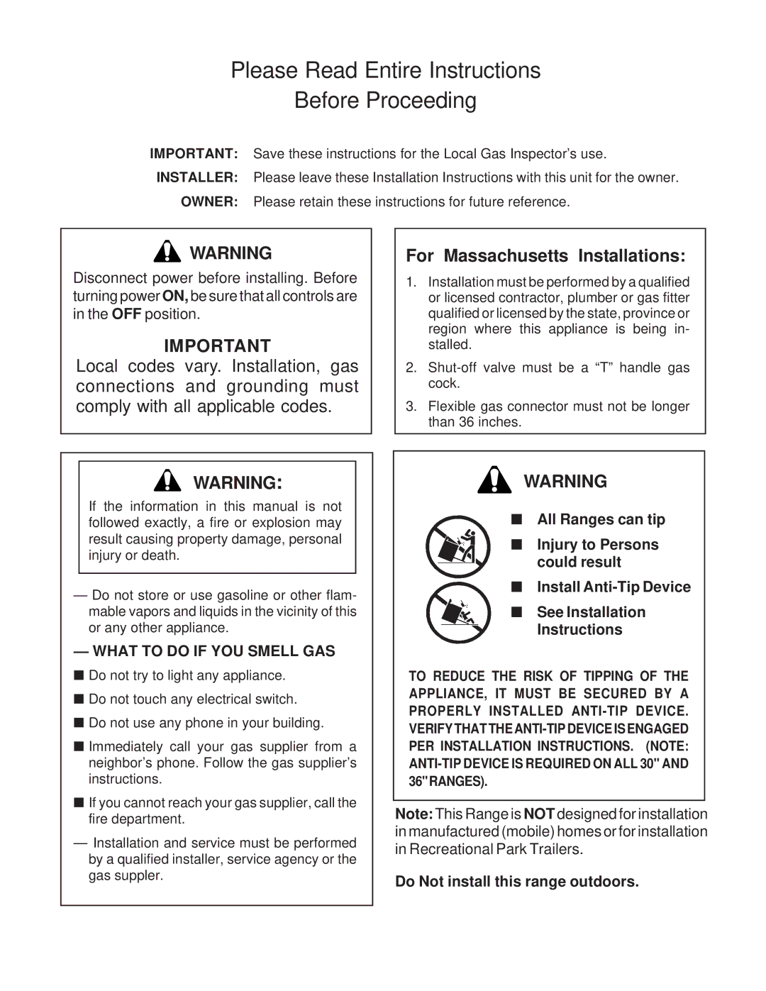 Thermador P30 installation instructions Please Read Entire Instructions Before Proceeding, For Massachusetts Installations 