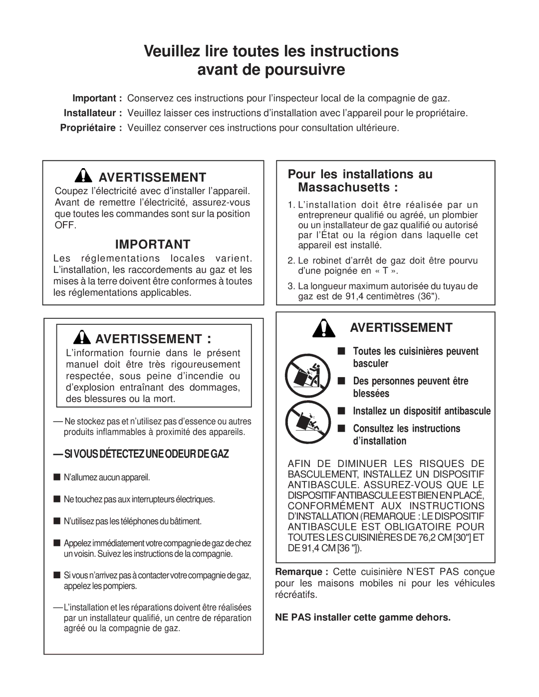 Thermador P30 Avertissement, Pour les installations au Massachusetts, NE PAS installer cette gamme dehors 