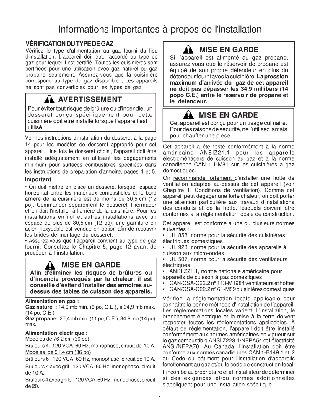 Thermador P30 installation instructions Informations importantes à propos de linstallation, Mise EN Garde 