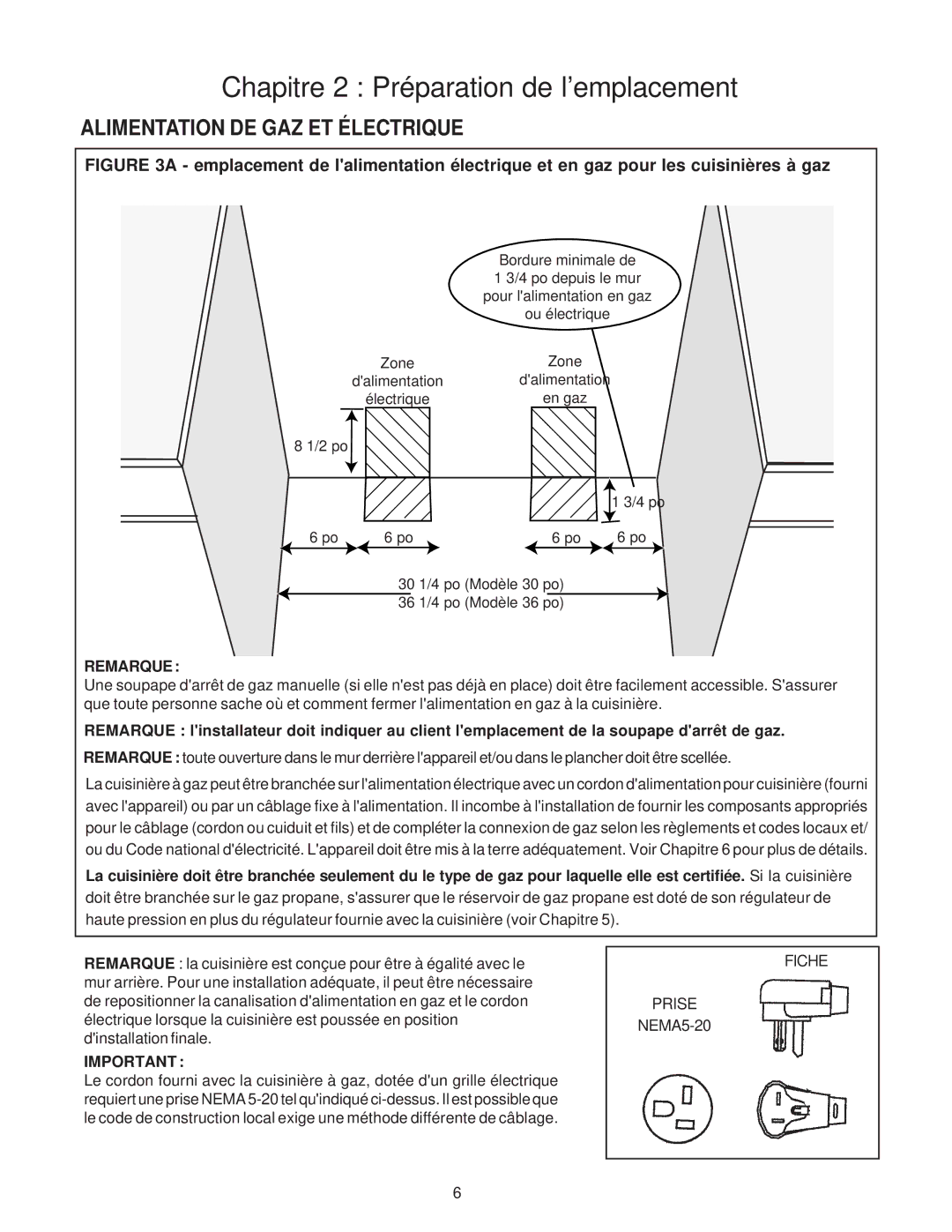 Thermador P30 installation instructions Alimentation DE GAZ ET Électrique, Remarque 