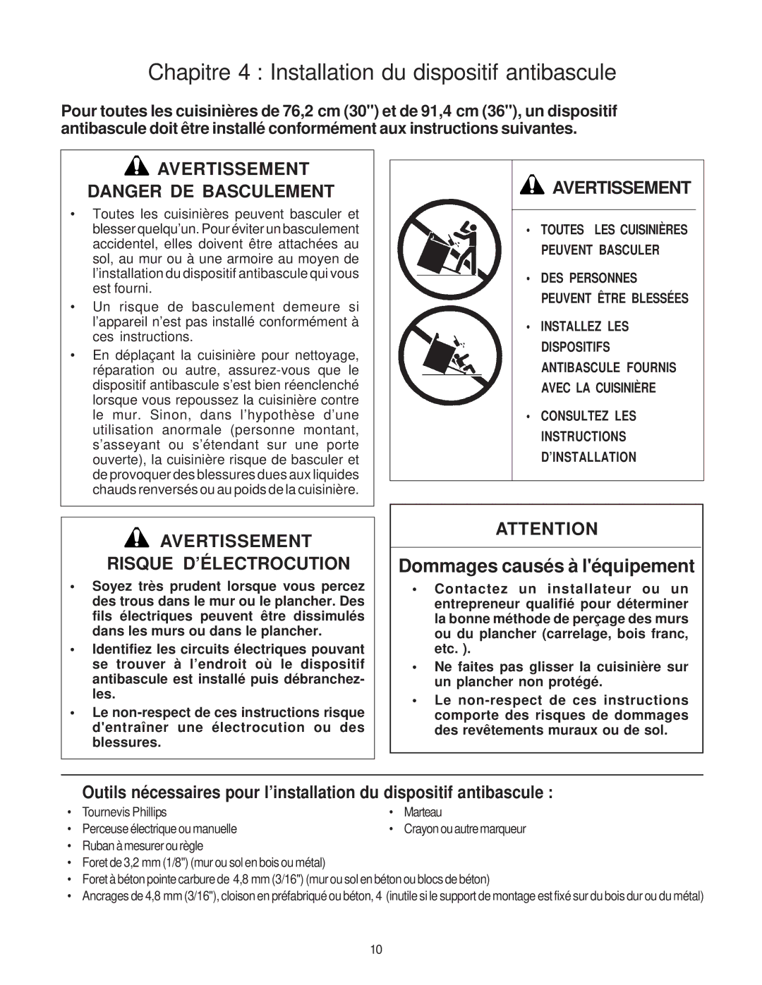 Thermador P30 Chapitre 4 Installation du dispositif antibascule, Avertissement Danger DE Basculement 