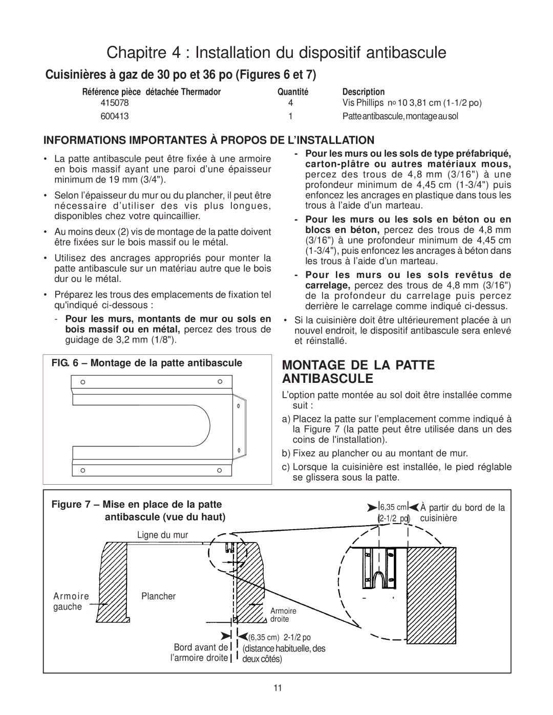 Thermador P30 installation instructions Cuisinières à gaz de 30 po et 36 po Figures 6 et, Montage DE LA Patte Antibascule 