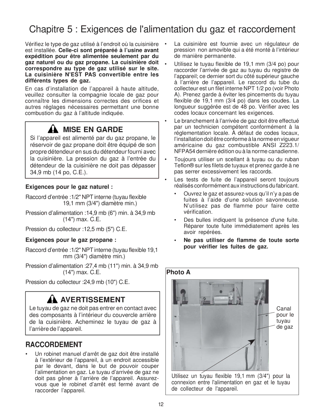 Thermador P30 installation instructions Raccordement, Exigences pour le gaz naturel, Exigences pour le gaz propane 