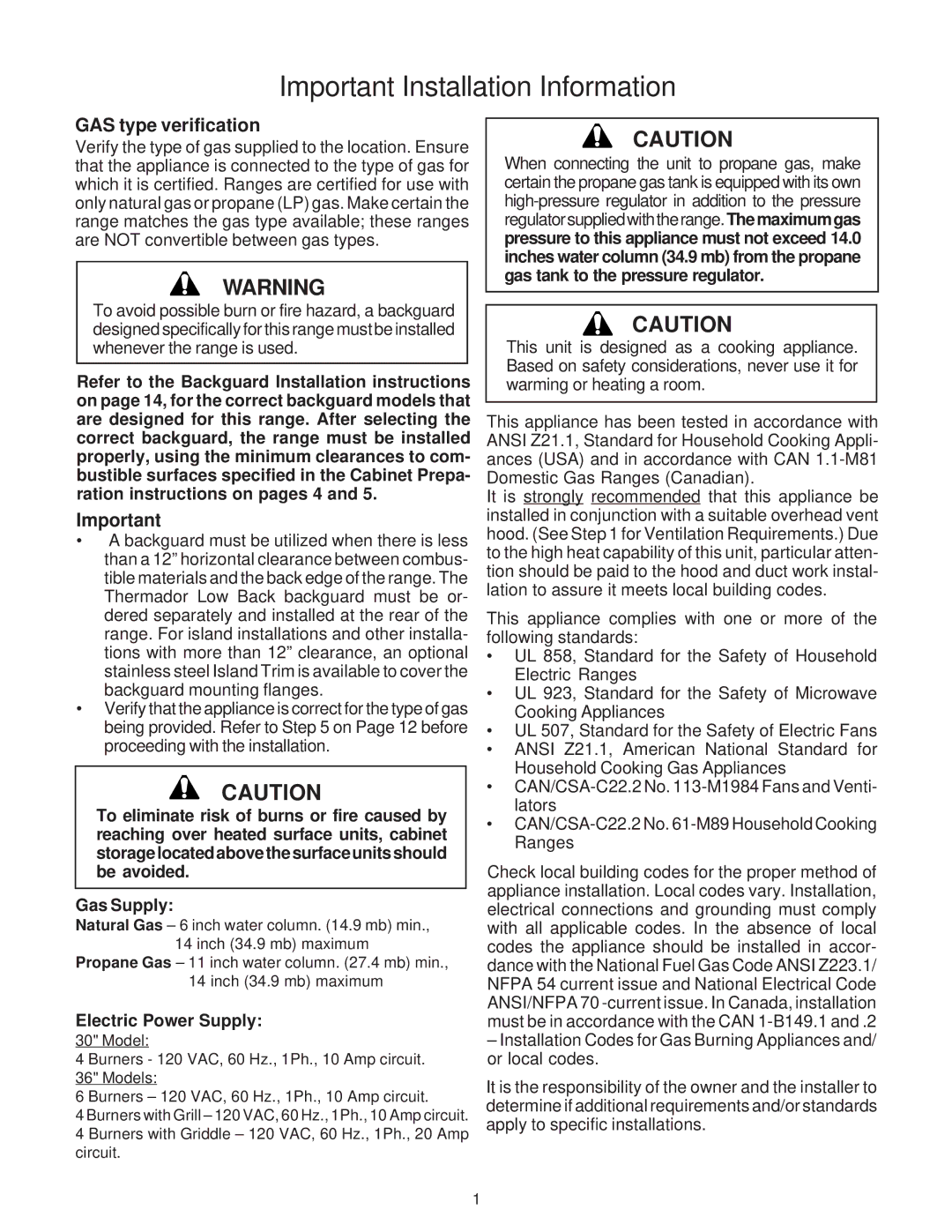 Thermador P30 Important Installation Information, GAS type verification, Gas Supply, Electric Power Supply 