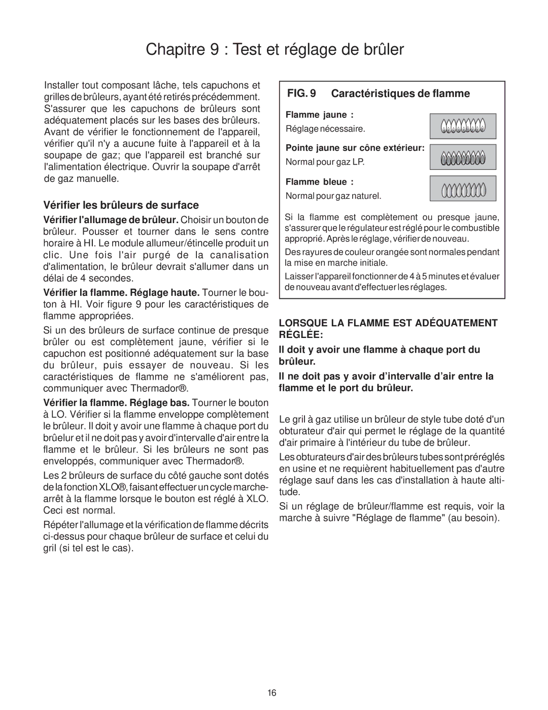 Thermador P30 installation instructions Chapitre 9 Test et réglage de brûler, Vérifier les brûleurs de surface 