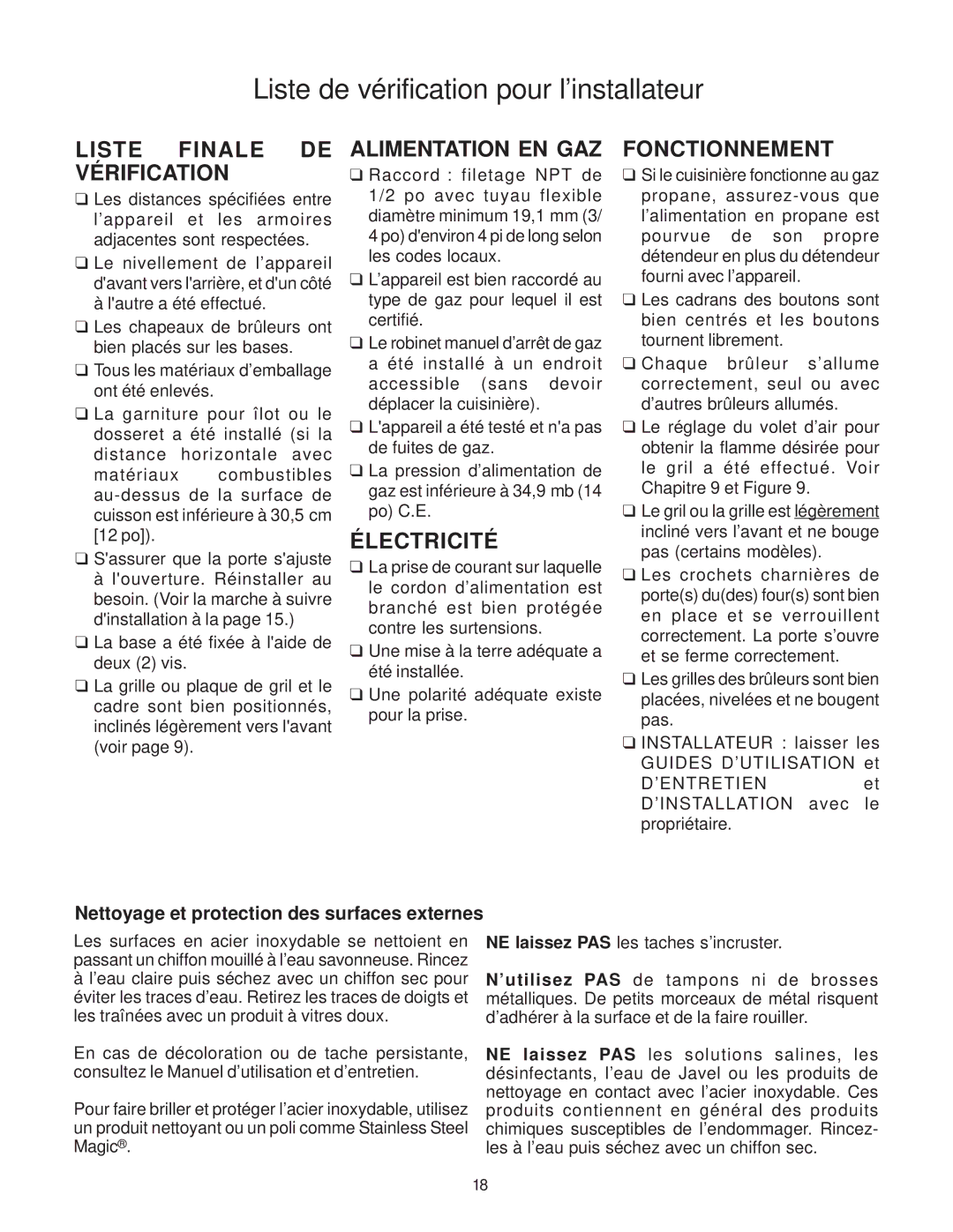 Thermador P30 Liste de vérification pour l’installateur, Liste Finale DE Vérification, Alimentation EN GAZ, Électricité 