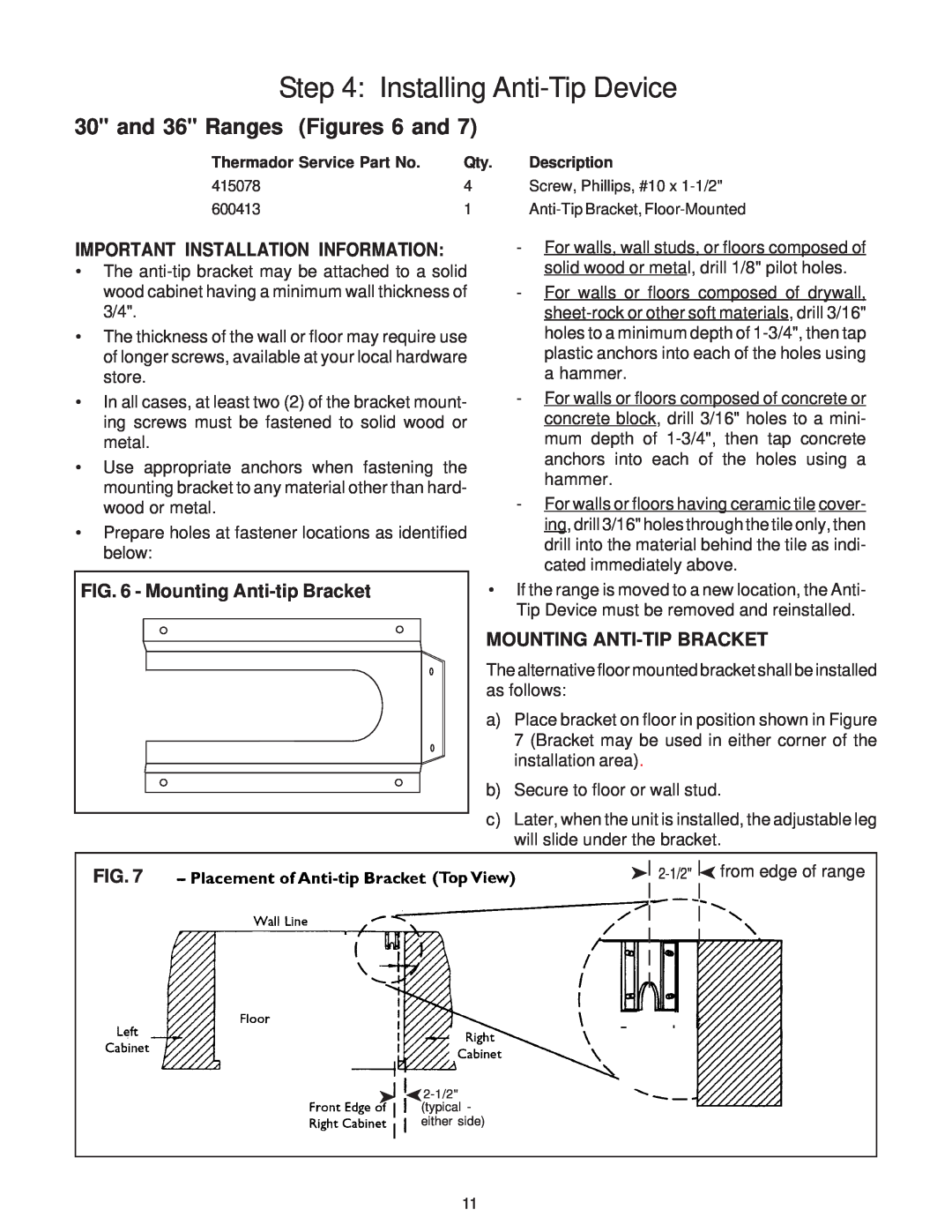 Thermador P30 and 36 Ranges Figures 6 and, Important Installation Information, Mounting Anti-tipBracket 