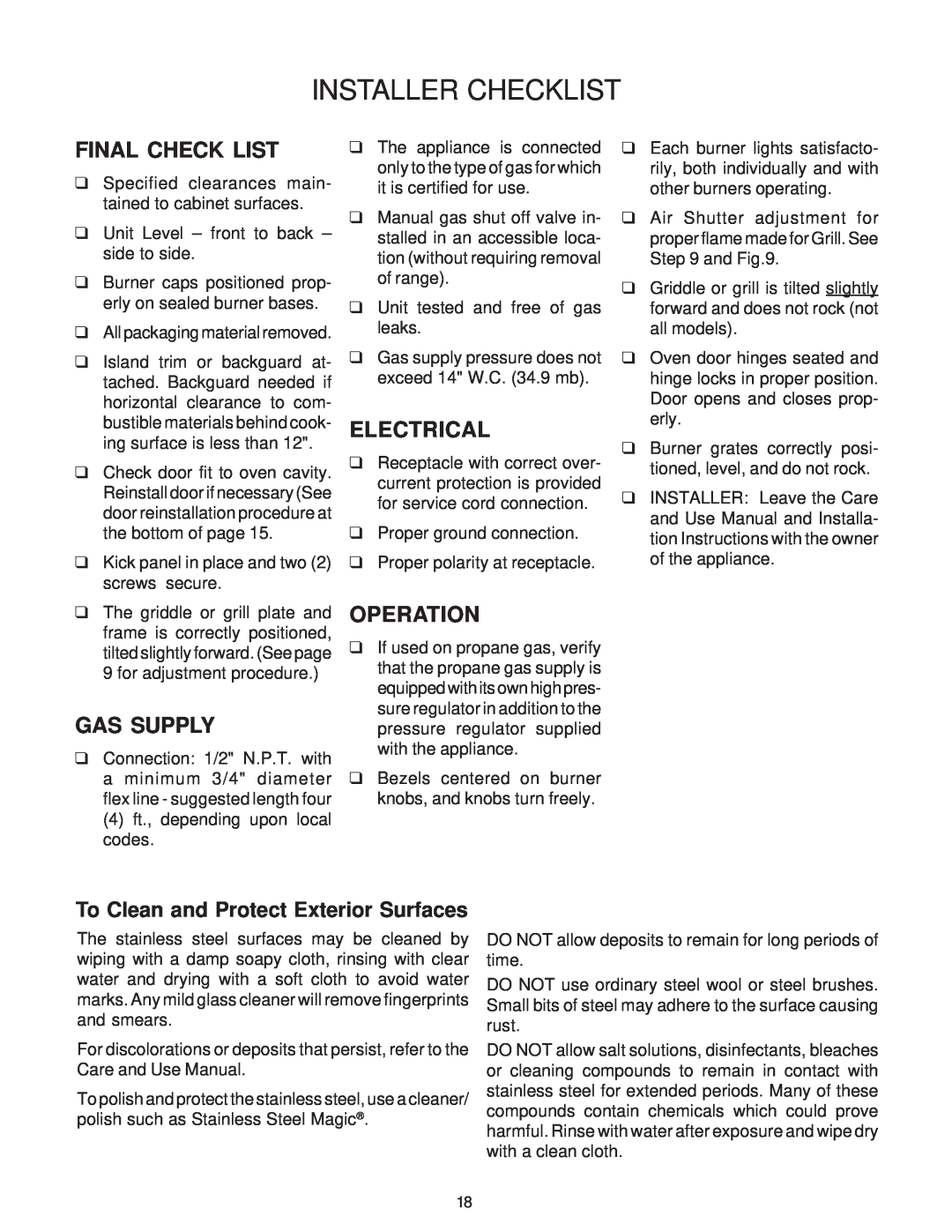 Thermador P30 installation instructions Installer Checklist, Final Check List, Gas Supply, Electrical, Operation 