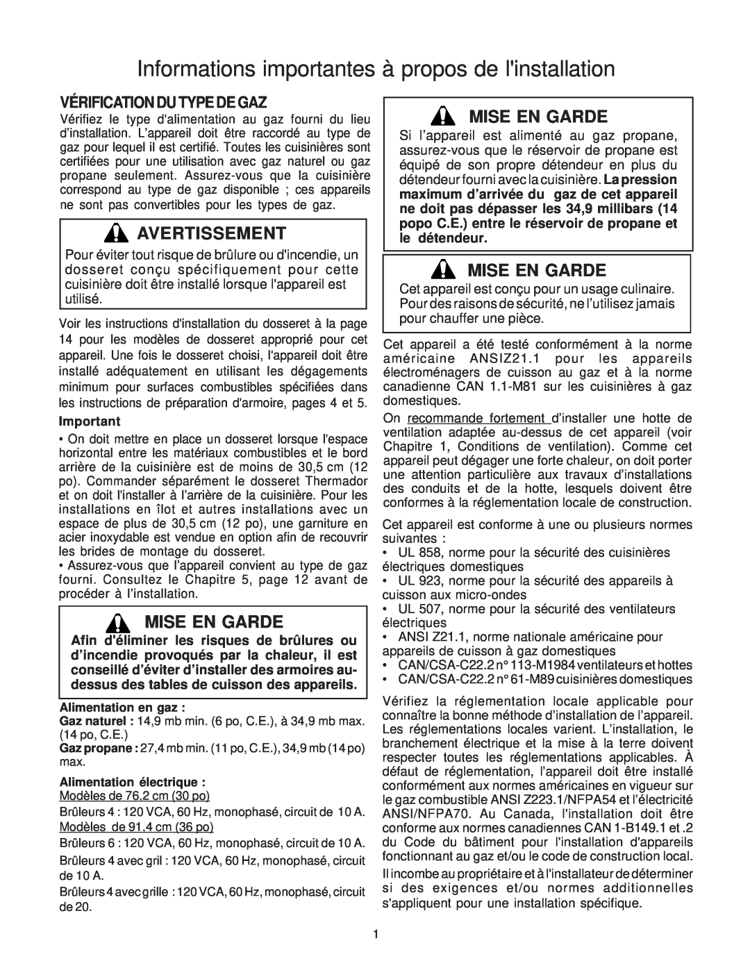 Thermador P30 installation instructions Mise En Garde, Vérification Du Type De Gaz, Avertissement 