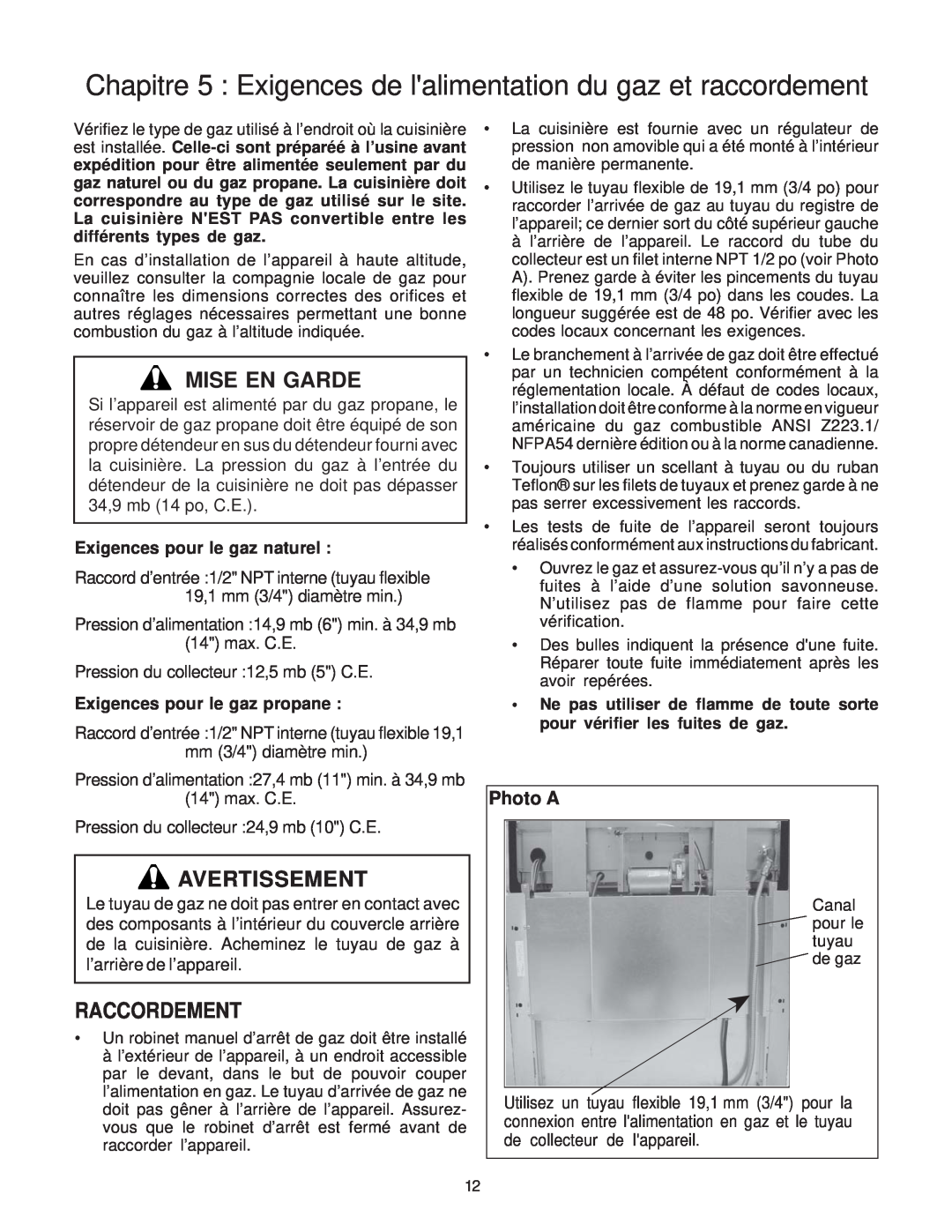 Thermador P30 installation instructions Raccordement, Mise En Garde, Avertissement, Photo A, Exigences pour le gaz naturel 