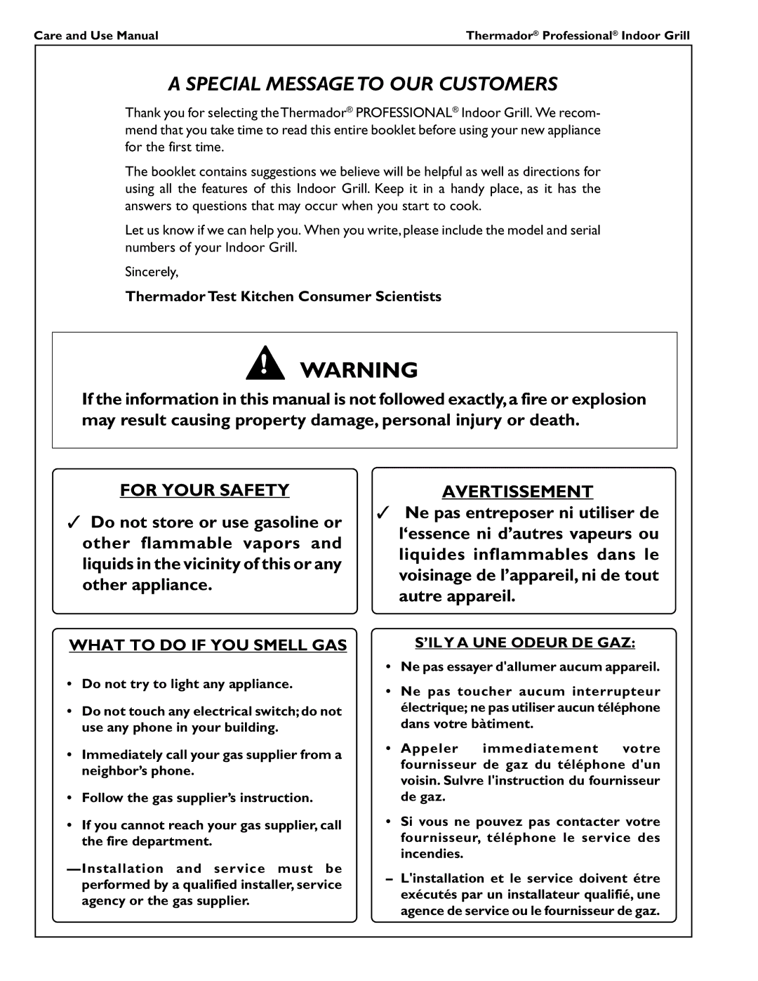 Thermador PB30ZS manual For Your Safety, Avertissement, Thermador Test Kitchen Consumer Scientists, ’ILY a UNE Odeur DE GAZ 