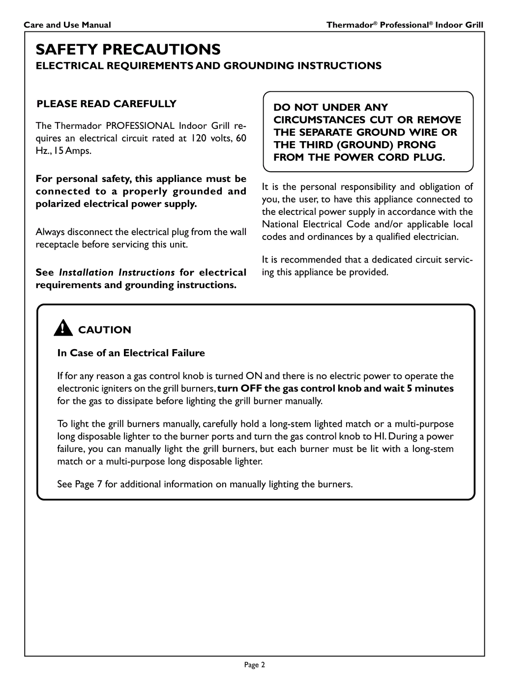 Thermador PB30ZS manual Safety Precautions, Case of an Electrical Failure 