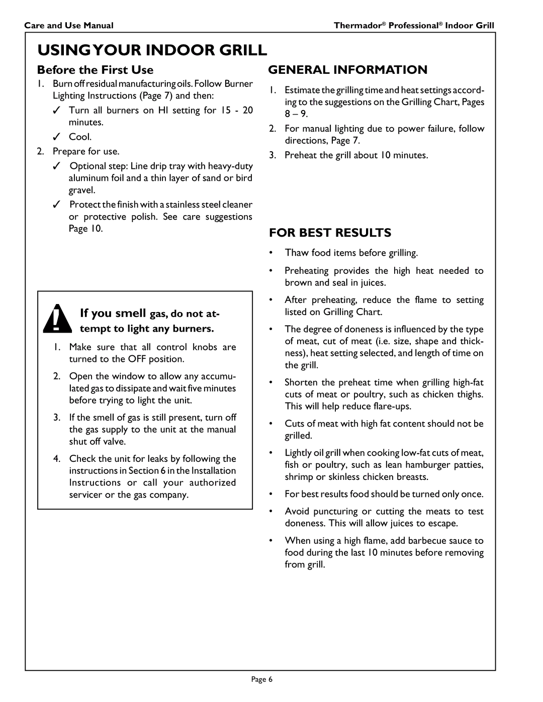 Thermador PB30ZS manual Usingyour Indoor Grill, General Information, For Best Results 