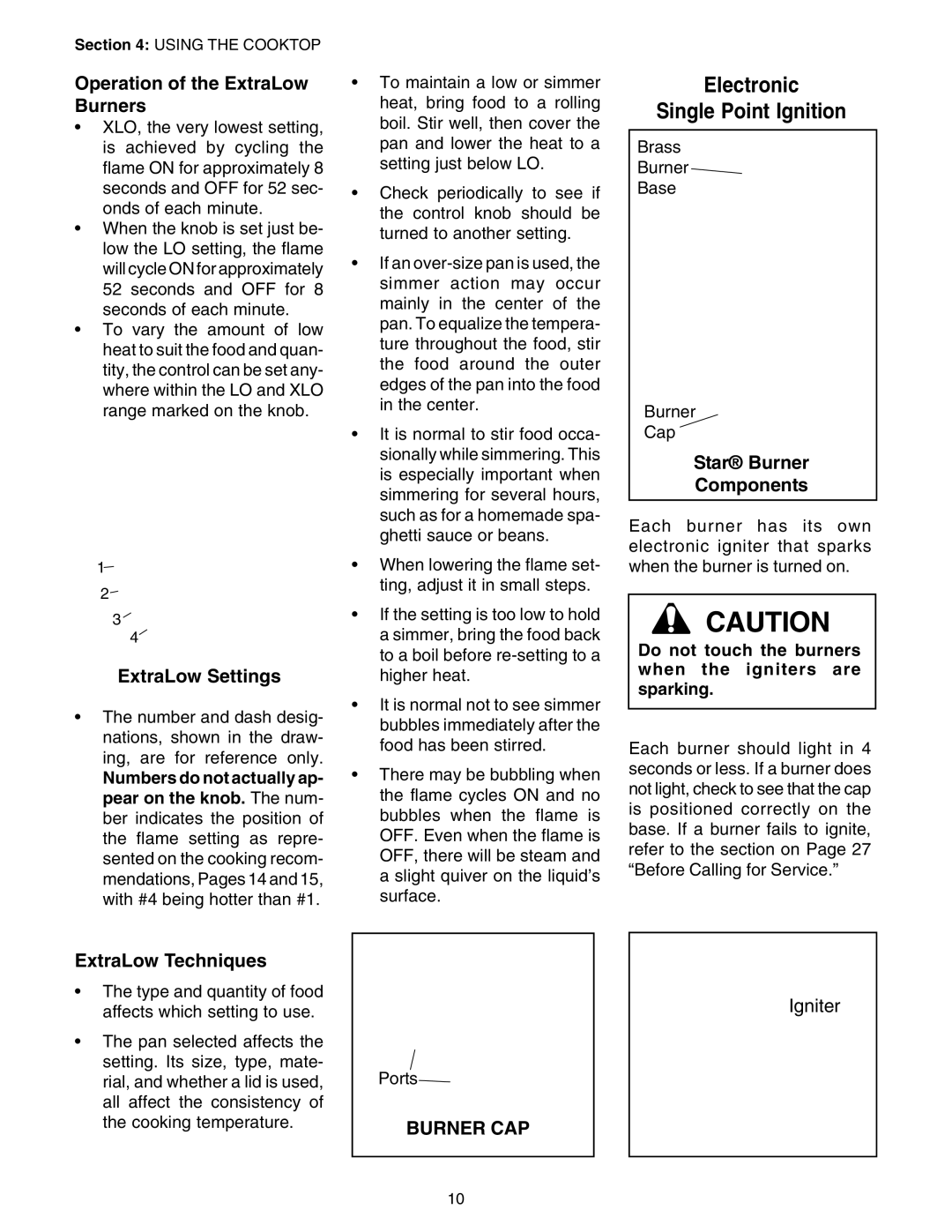 Thermador PC30, P24GE Operation of the ExtraLow Burners, ExtraLow Settings, Star Burner Components, ExtraLow Techniques 