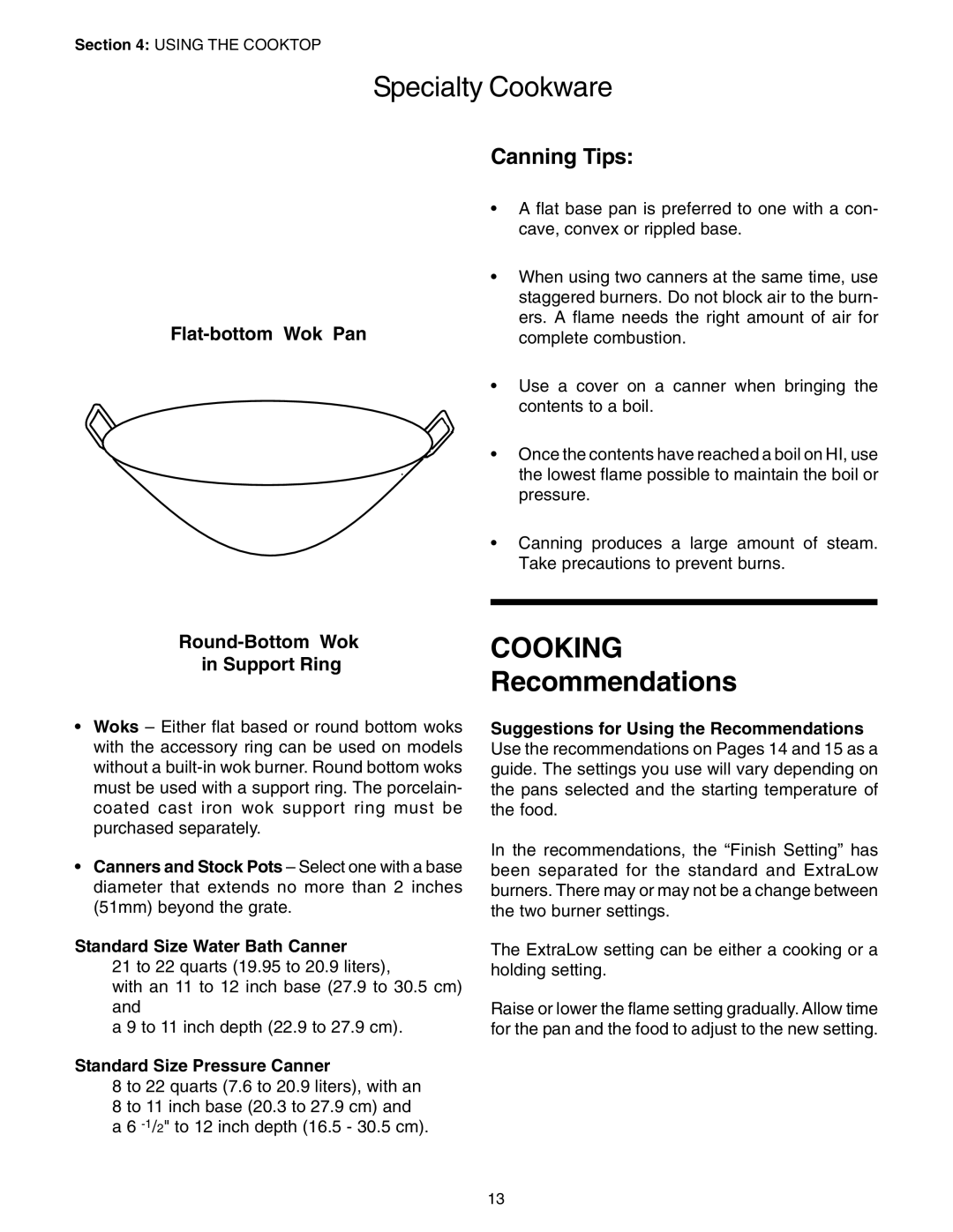 Thermador P24GE, PC30 manuel dutilisation Cooking Recommendations, Flat-bottom Wok Pan, Round-Bottom Wok in Support Ring 