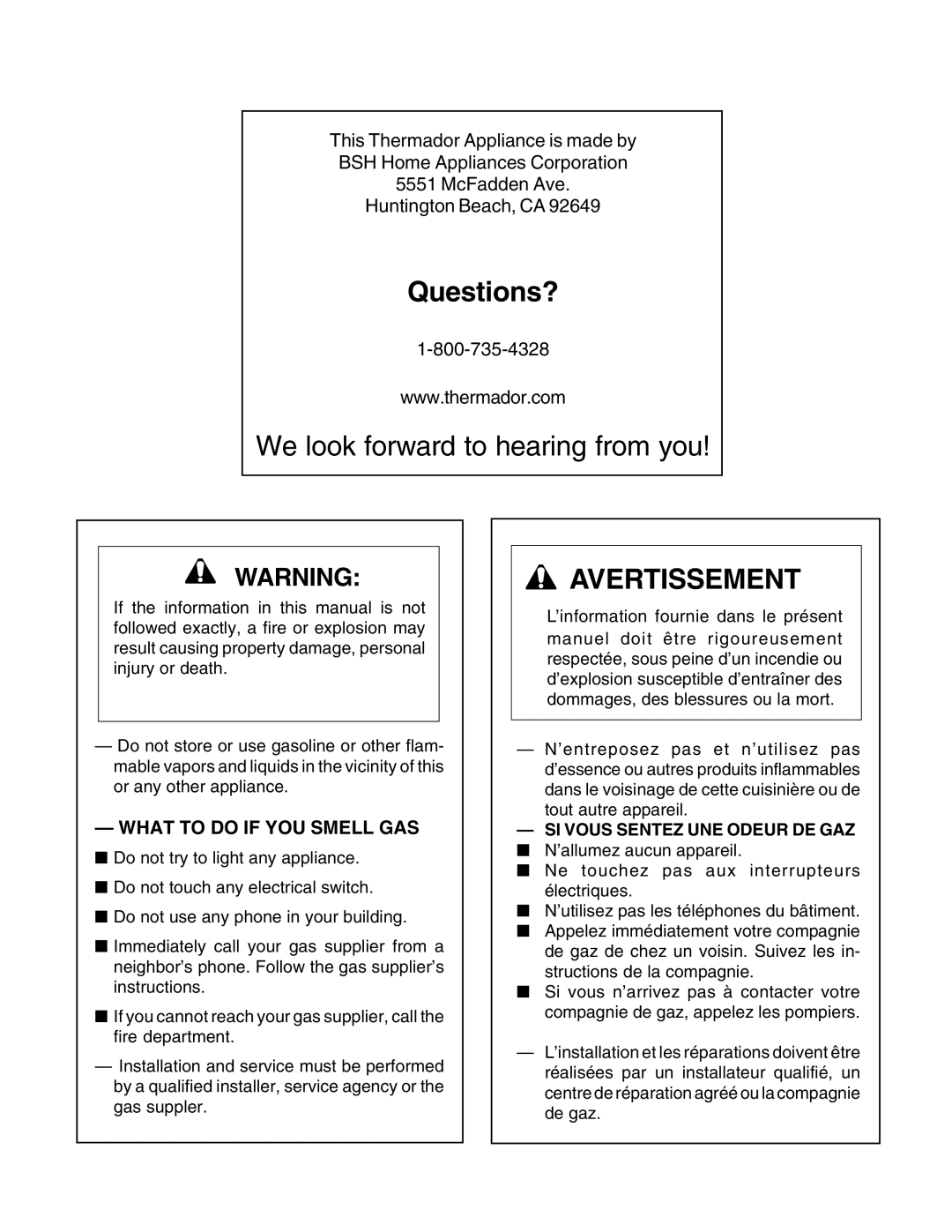 Thermador PC30, P24GE manuel dutilisation Questions?, Avertissement, What to do if YOU Smell GAS 