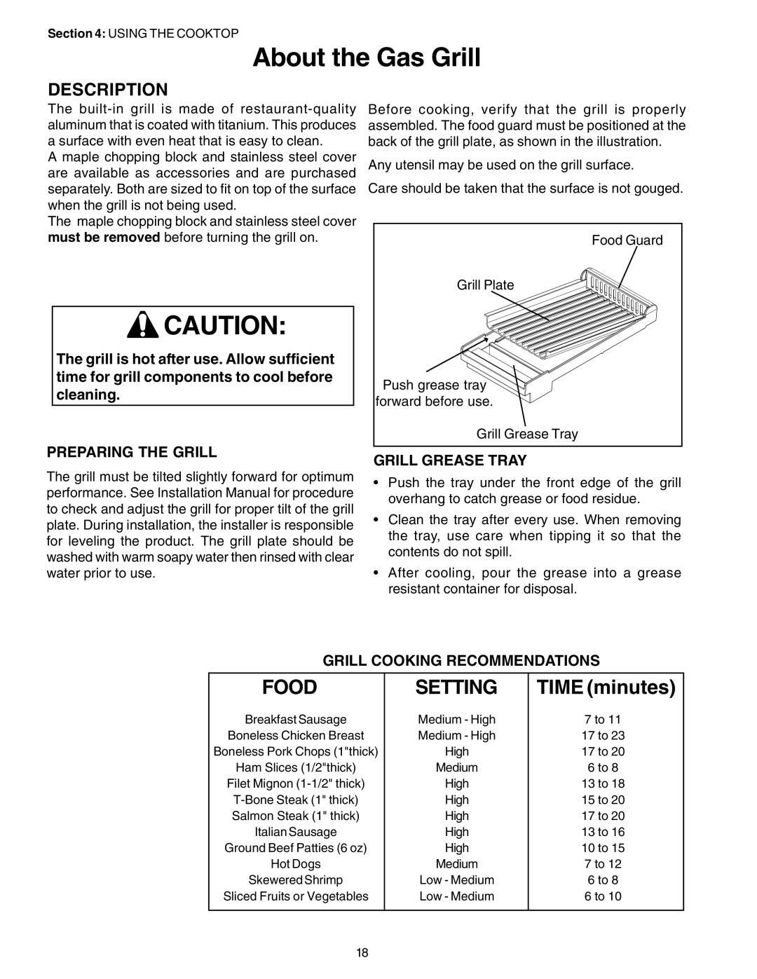 Thermador PC30, P24GE manuel dutilisation Preparing the Grill, Grill Grease Tray, Grill Cooking Recommendations 