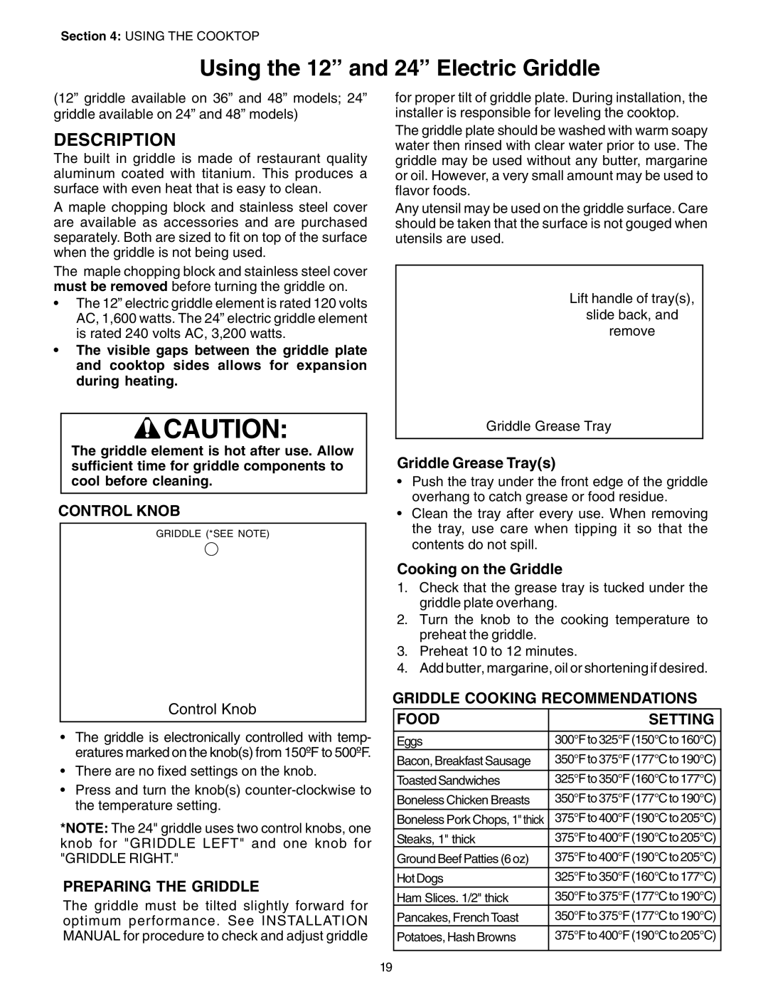 Thermador P24GE, PC30 manuel dutilisation Using the 12 and 24 Electric Griddle, Control Knob, Preparing the Griddle 