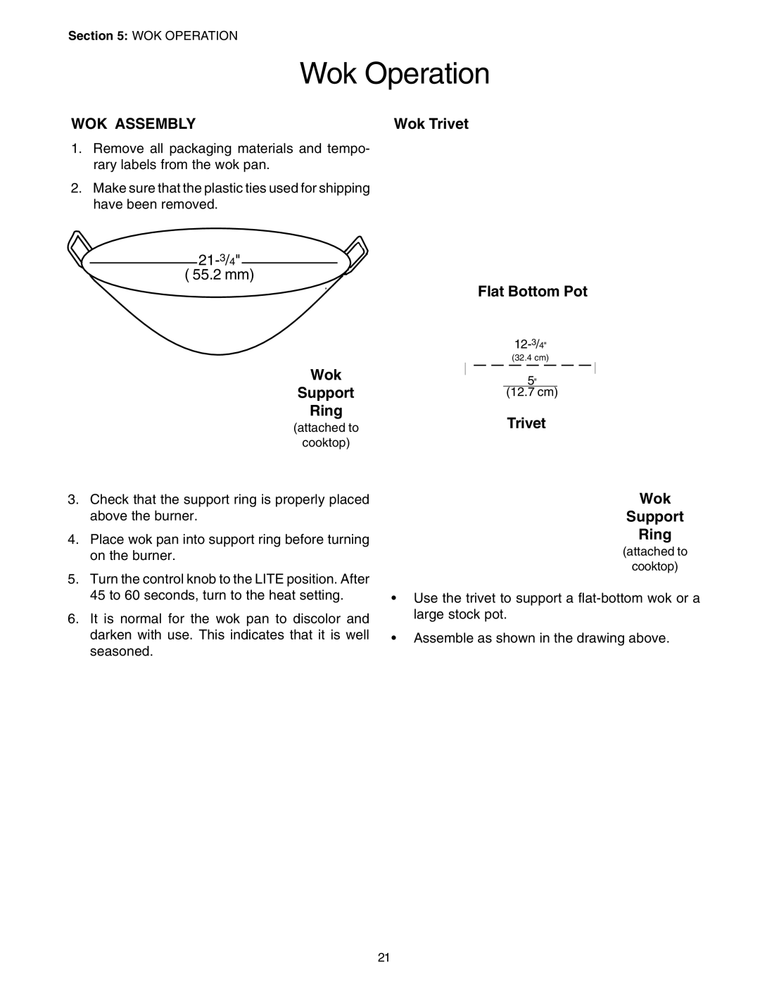 Thermador P24GE, PC30 manuel dutilisation Wok Operation, WOK Assembly, Flat Bottom Pot, Trivet Wok Support Ring 