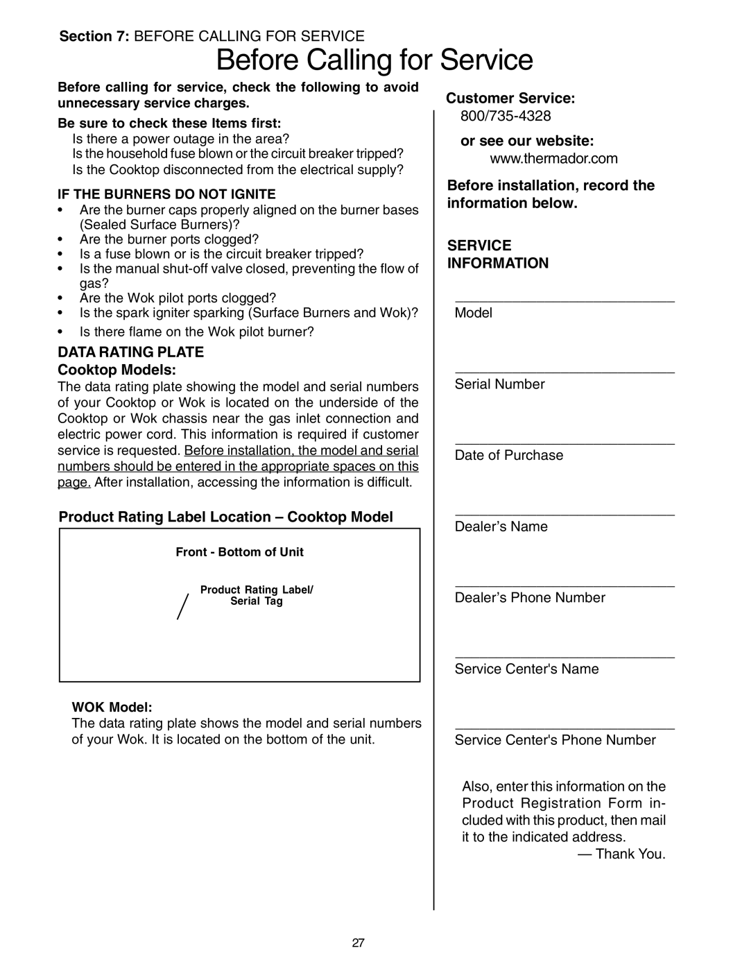 Thermador P24GE, PC30 manuel dutilisation Before Calling for Service, Data Rating Plate, Service Information 