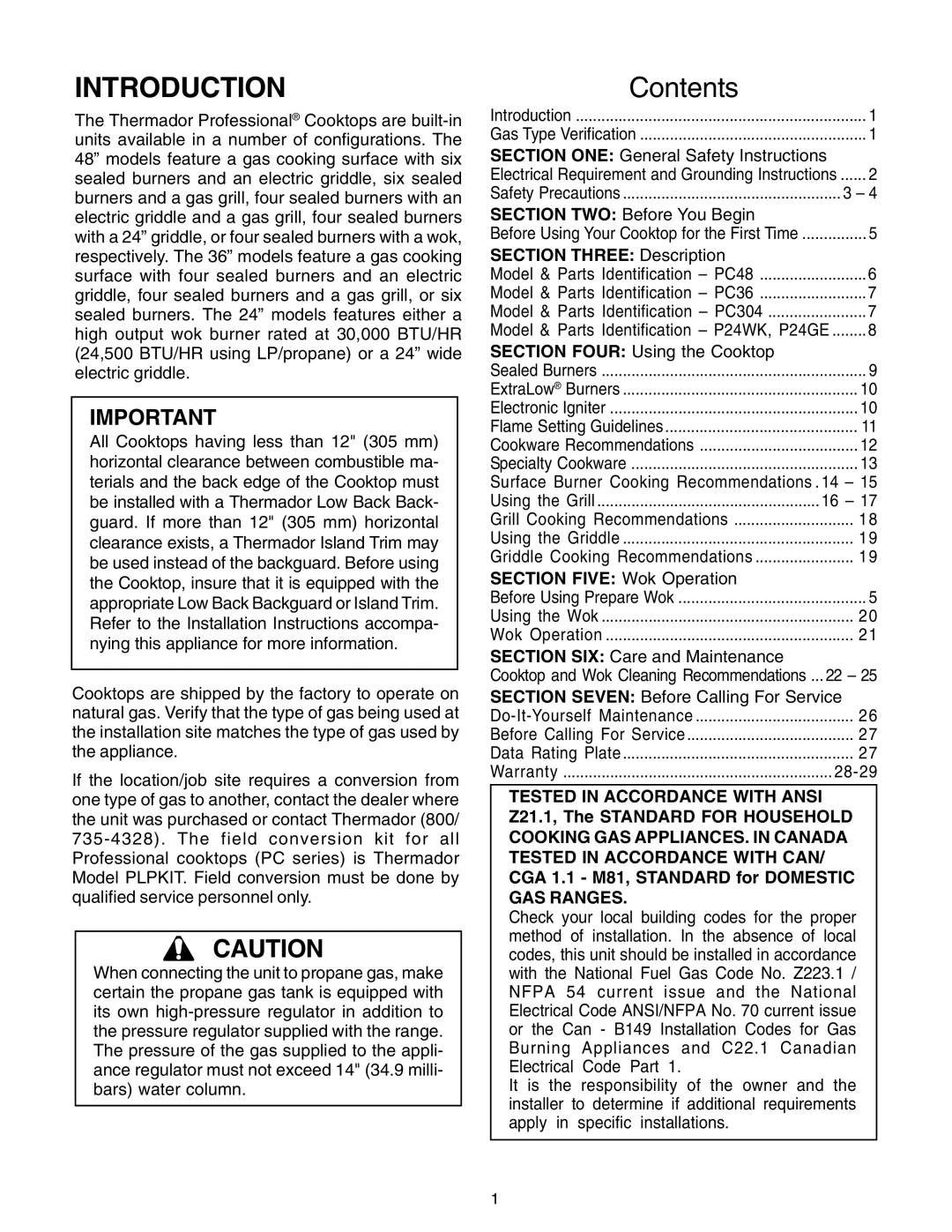 Thermador P24GE, PC30 manuel dutilisation Introduction, Contents 