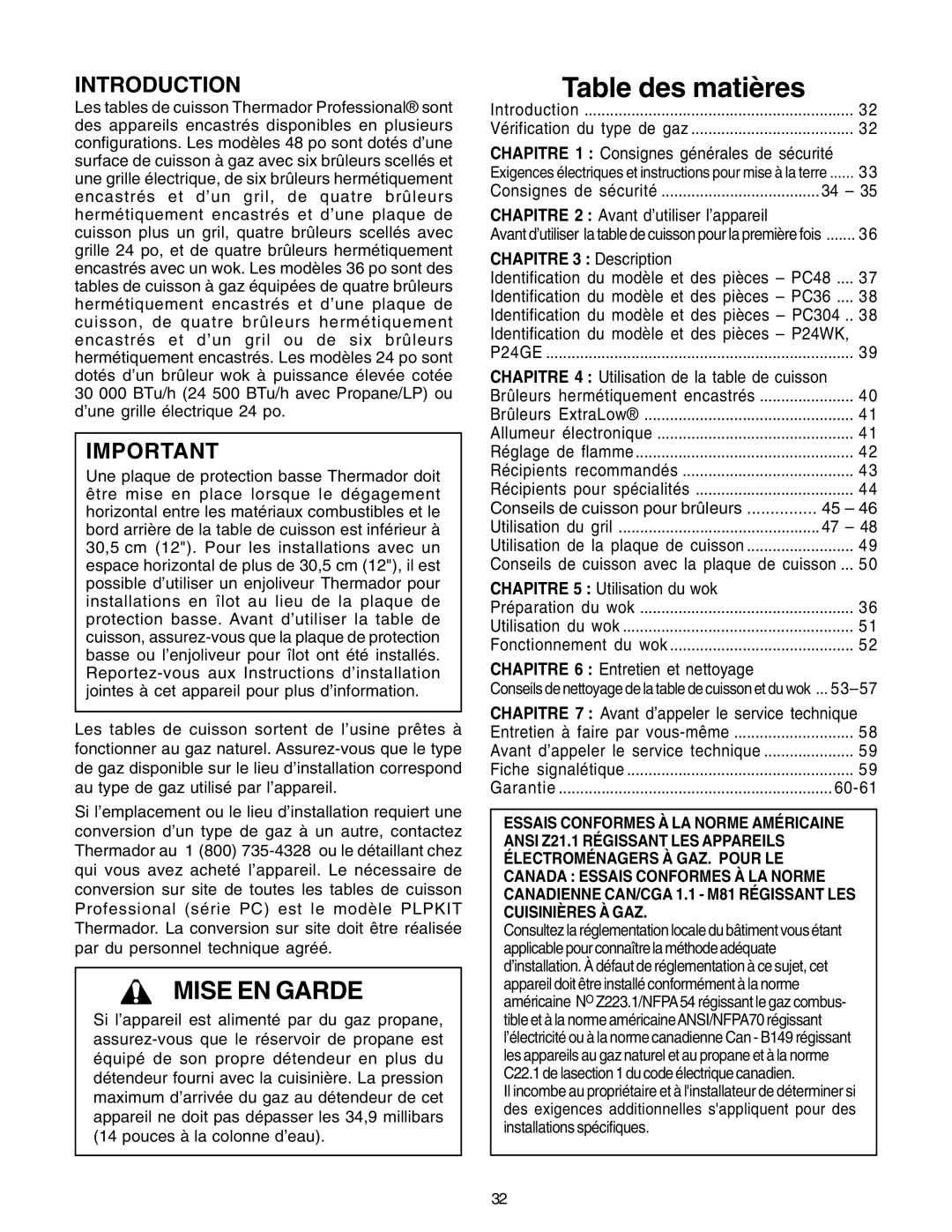 Thermador PC30, P24GE manuel dutilisation Table des matières, Chapitre 3 Description 